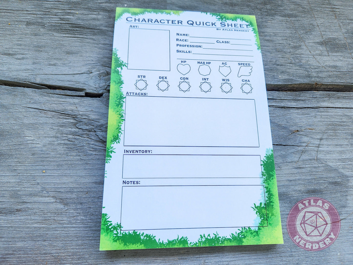 Character Quick Sheet Large Notepad - 8.5in x 5.5x Non-Sticky Tear-Away Memo Notepad 50 Pages - Game Master Organization Tool