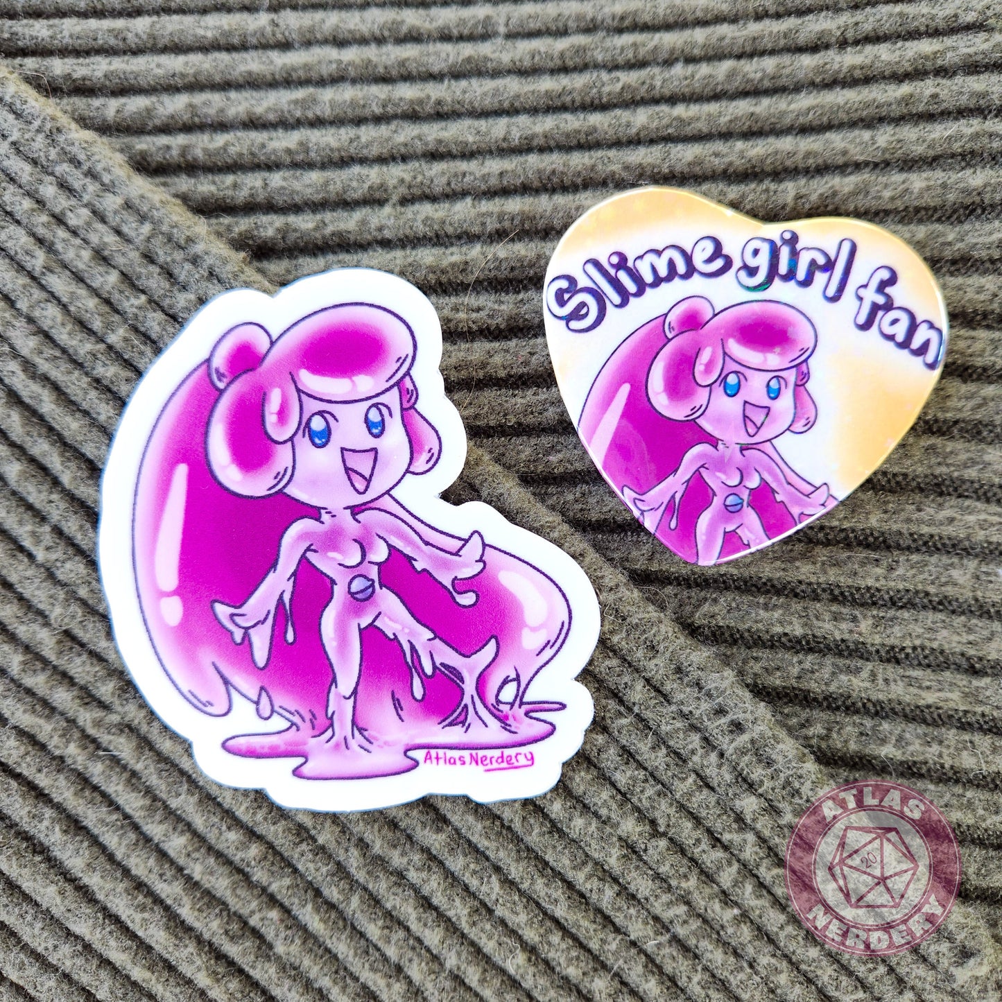 Slime Girl Fan - 2.25” x 2” Holographic Heart Shaped Pinback Button