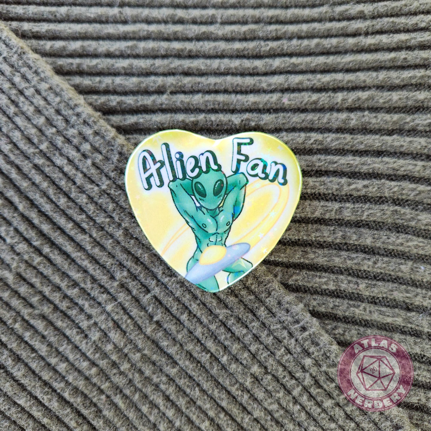 Alien Fan - 2.25” x 2” Holographic Heart Shaped Pinback Button