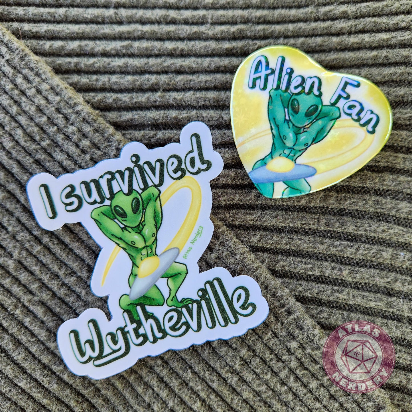 Alien Fan - 2.25” x 2” Holographic Heart Shaped Pinback Button