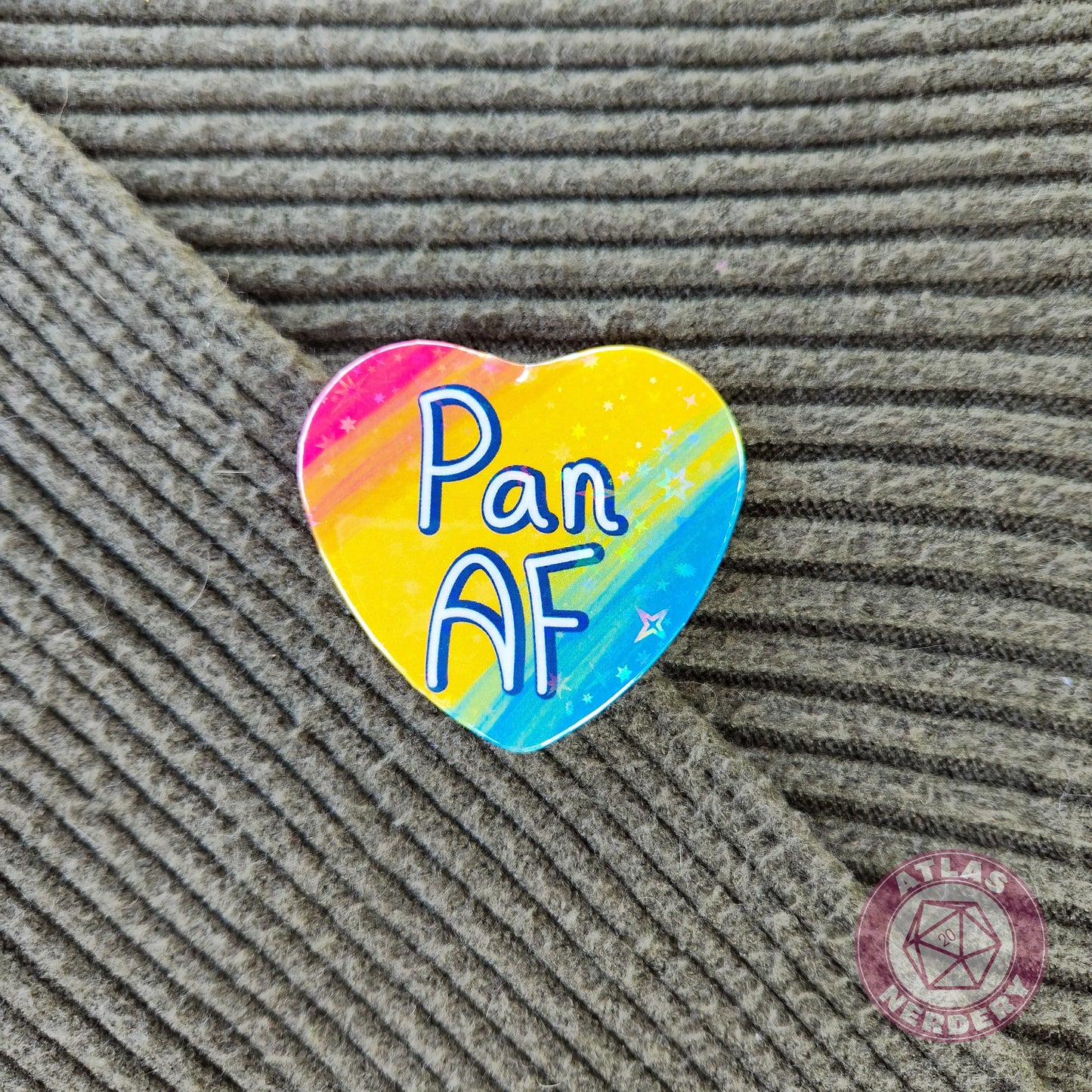 Pan AF - Pansexual Pride 2.25” x 2” Holographic Heart Shaped Pinback Button