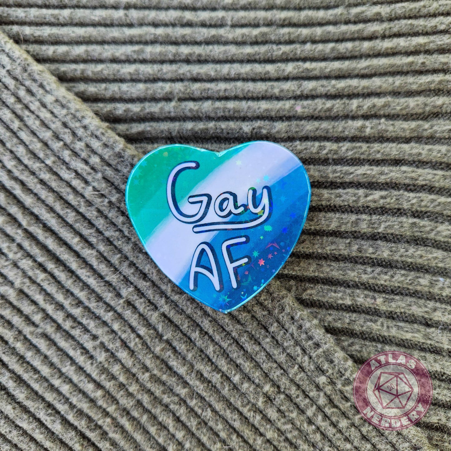 Gay AF - Gay Men (MLM) Pride 2.25” x 2” Holographic Heart Shaped Pinback Button