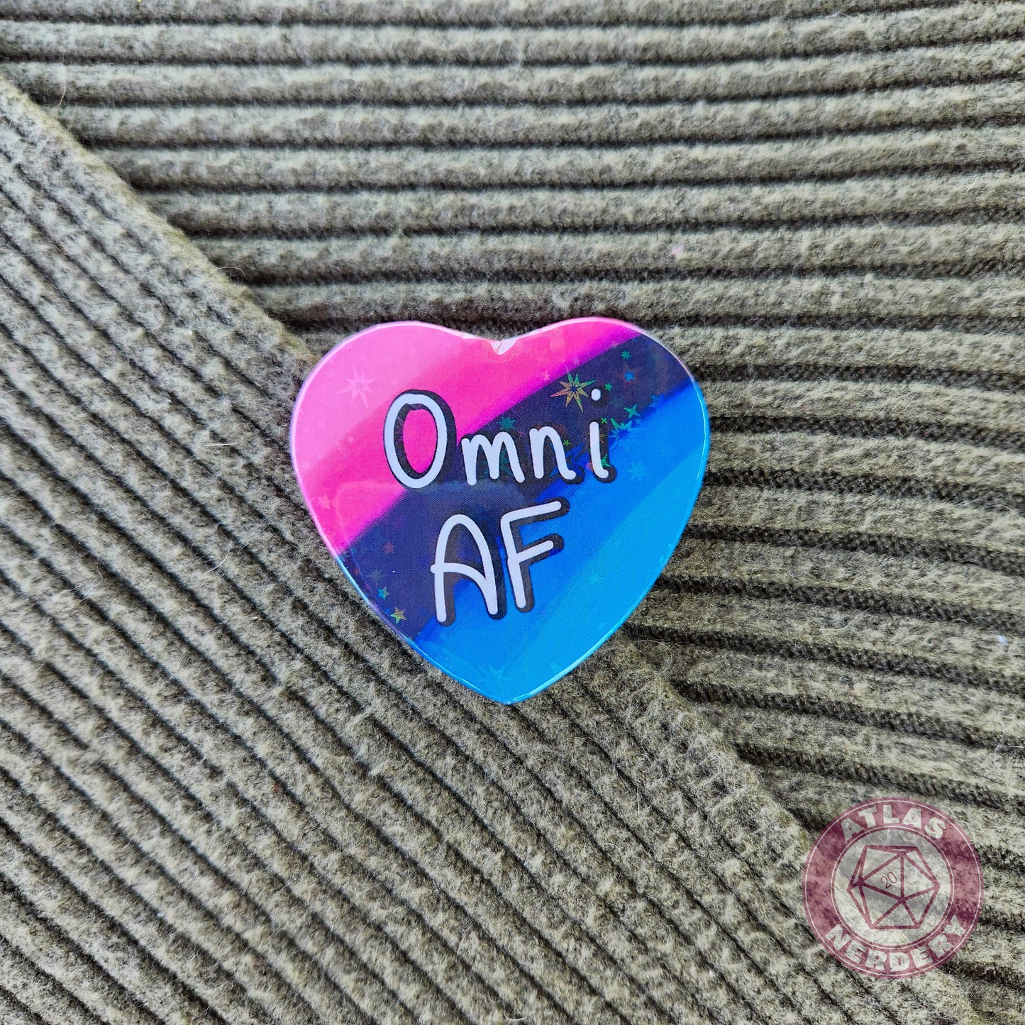 Omni AF - Omnisexual Pride 2.25” x 2” Holographic Heart Shaped Pinback Button