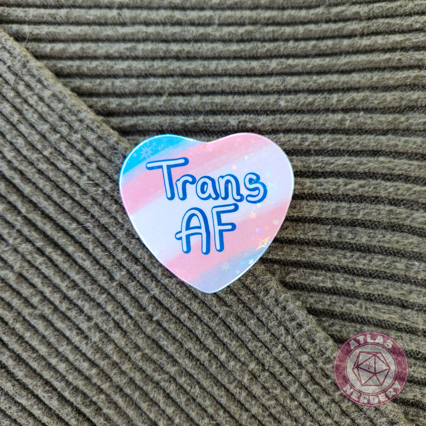 Trans AF - Transgender Pride 2.25” x 2” Holographic Heart Shaped Pinback Button