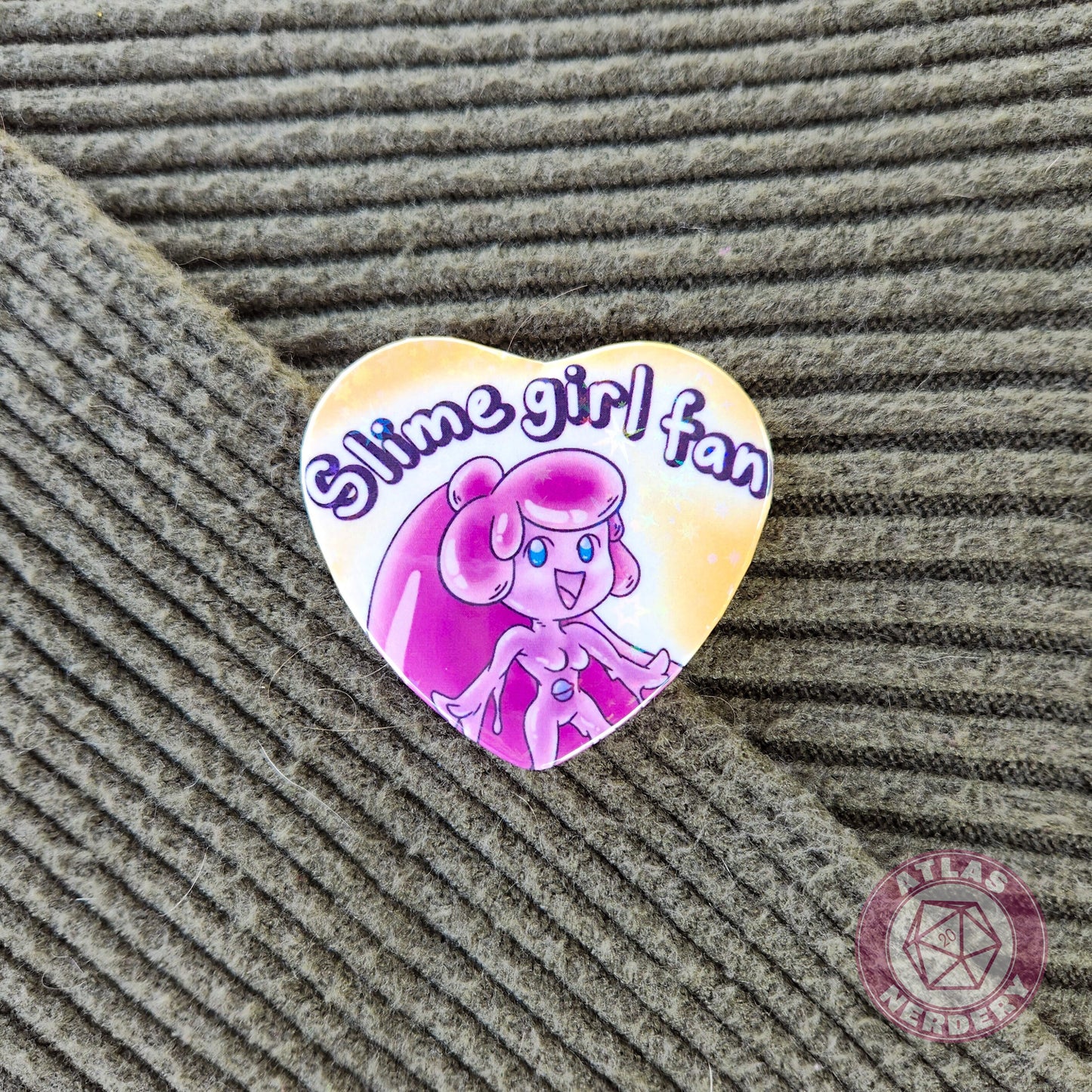 Slime Girl Fan - 2.25” x 2” Holographic Heart Shaped Pinback Button
