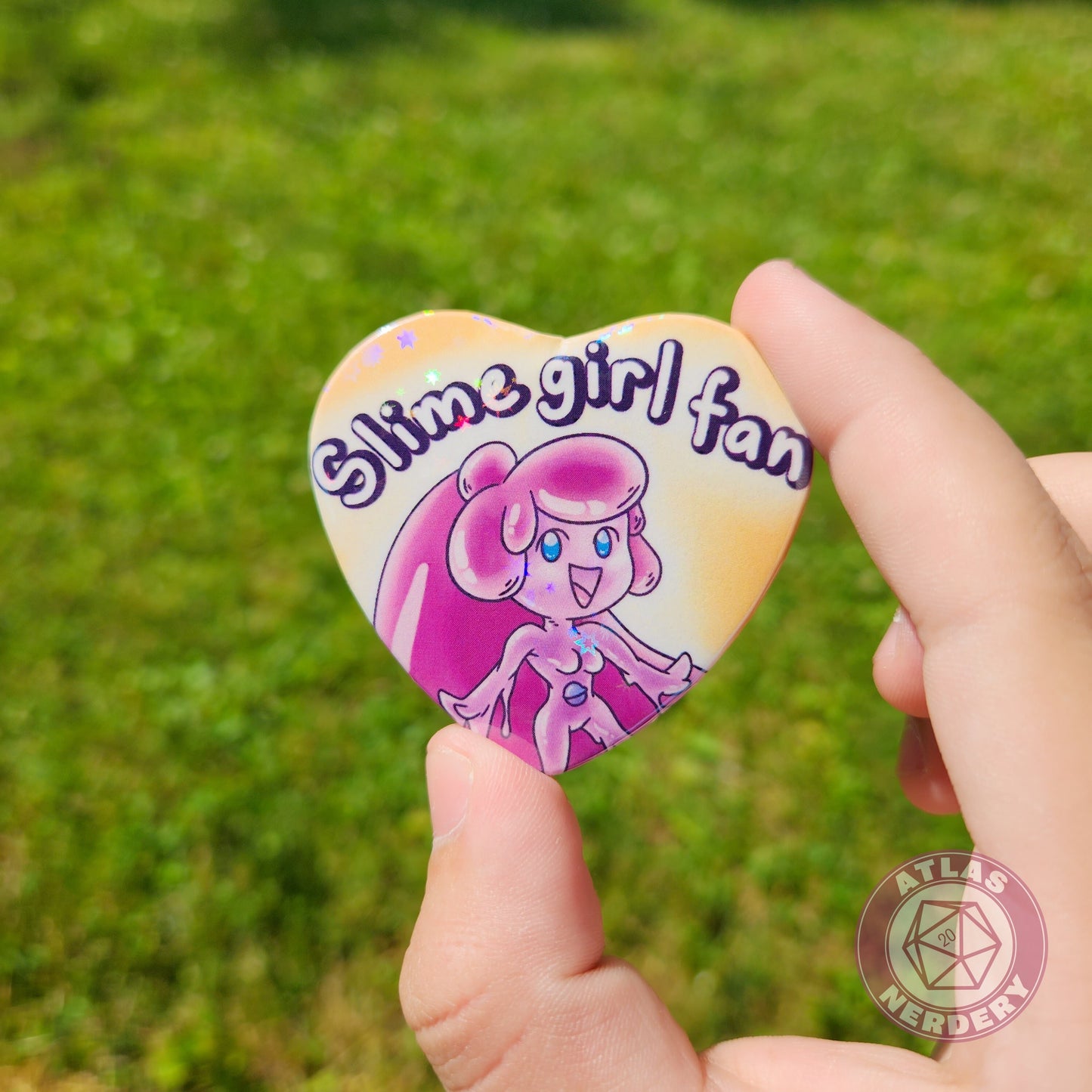Slime Girl Fan - 2.25” x 2” Holographic Heart Shaped Pinback Button