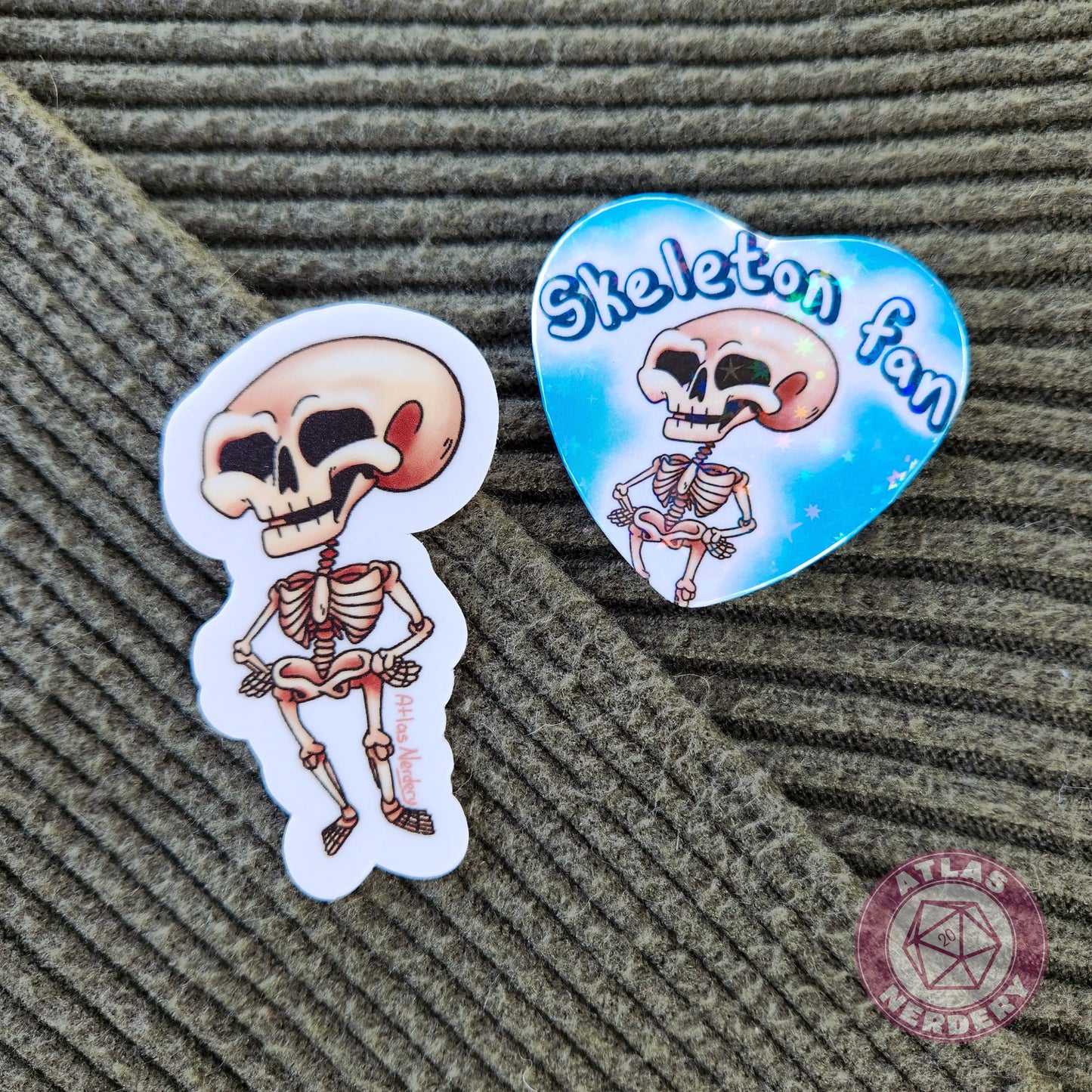 Skeleton Fan - 2.25” x 2” Holographic Heart Shaped Pinback Button