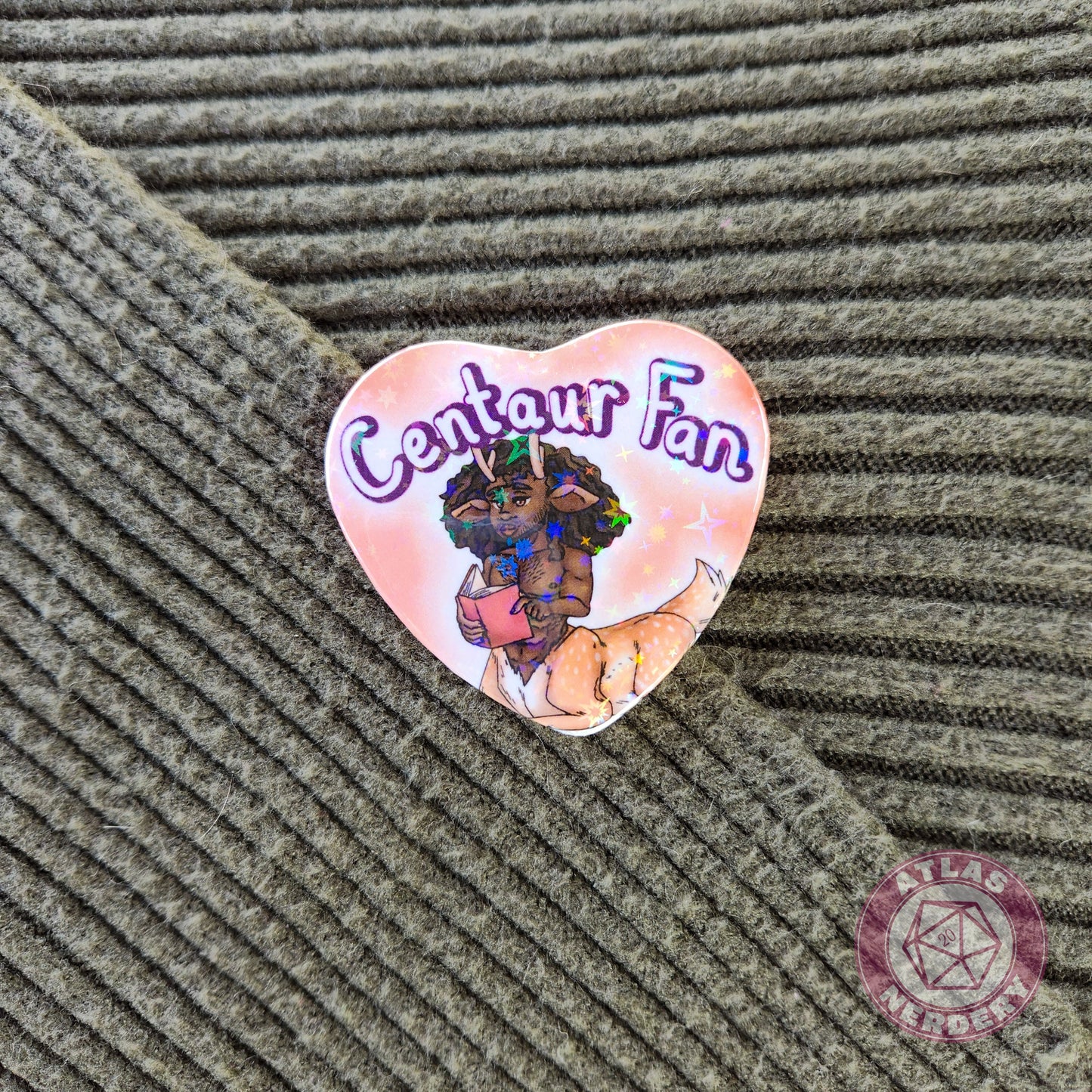 Centaur Fan - 2.25” x 2” Holographic Heart Shaped Pinback Button
