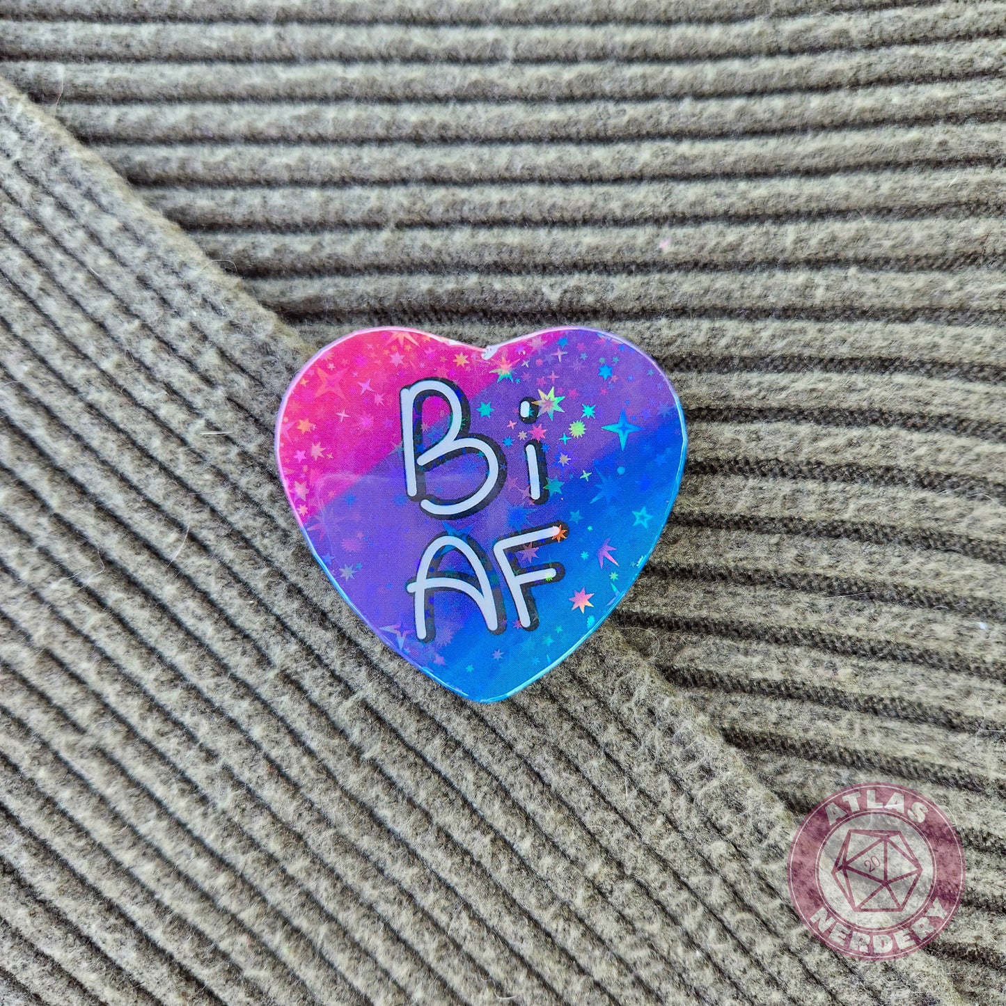 Bi AF - Bisexual Pride 2.25” x 2” Holographic Heart Shaped Pinback Button