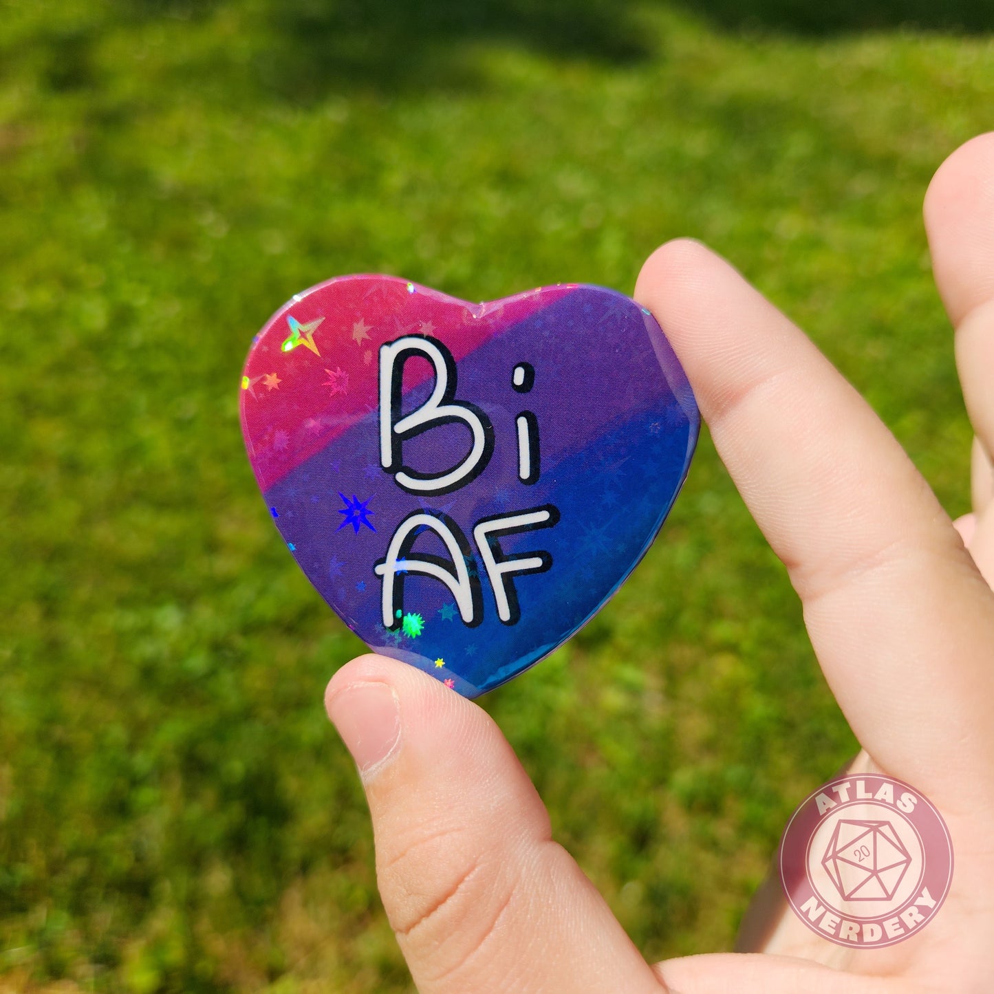 Bi AF - Bisexual Pride 2.25” x 2” Holographic Heart Shaped Pinback Button