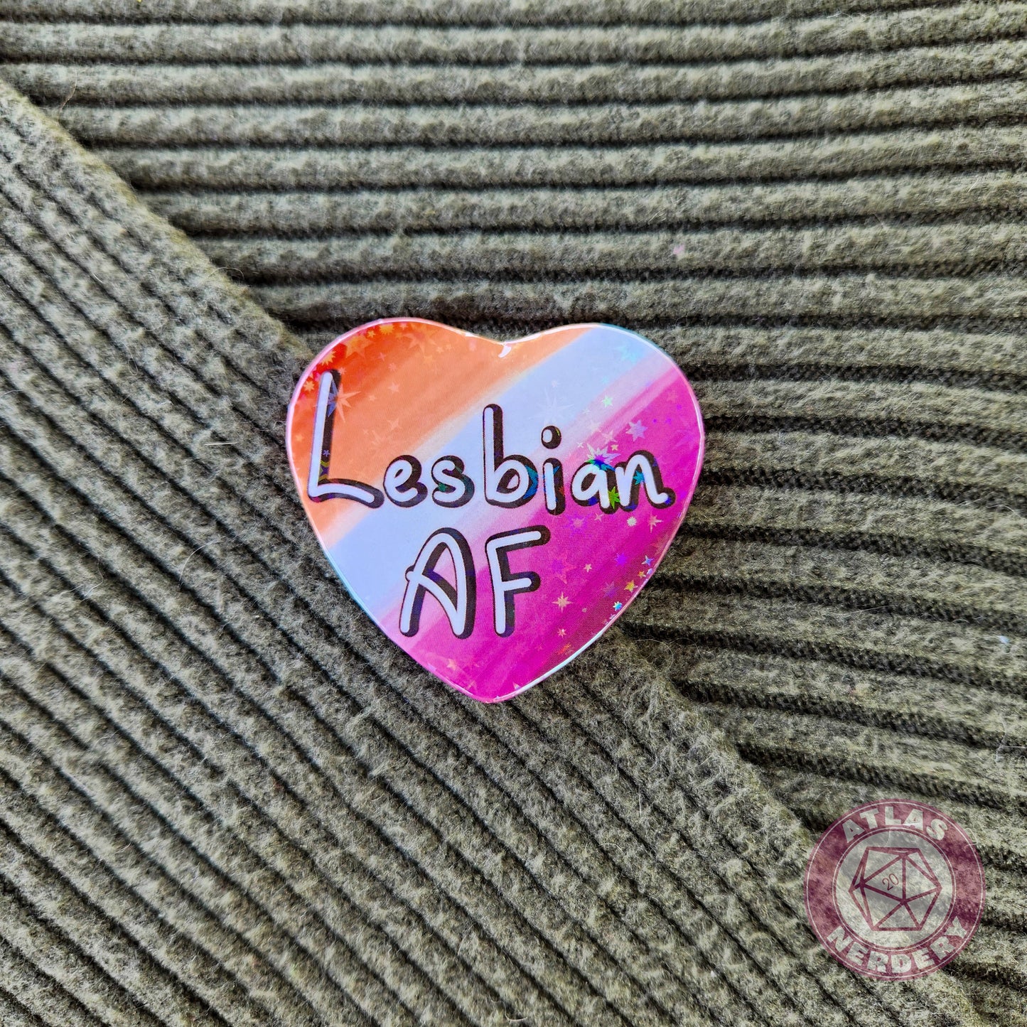 Lesbian AF - Lesbian Pride 2.25” x 2” Holographic Heart Shaped Pinback Button