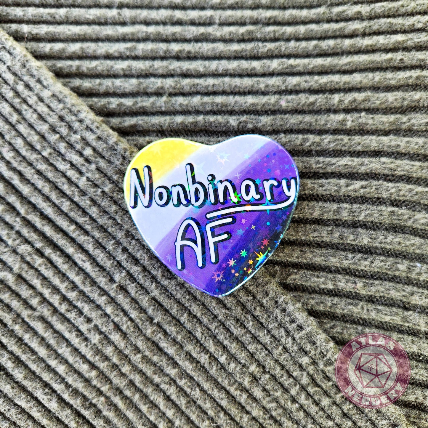 Nonbinary AF - Enby Pride 2.25” x 2” Holographic Heart Shaped Pinback Button