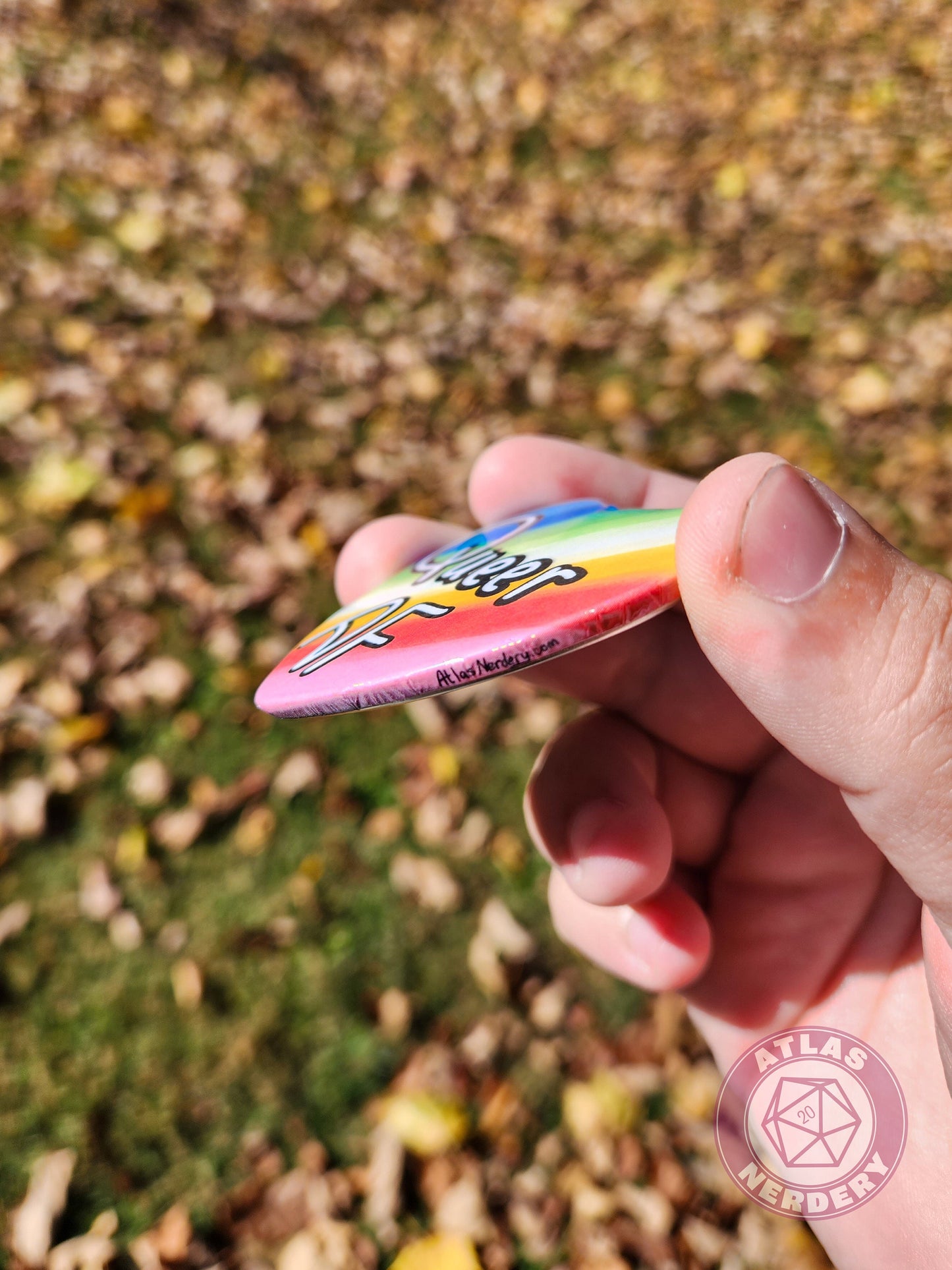 Queer AF - Queer Pride Flag 2.25” x 2” Holographic Heart Shaped Pinback Button