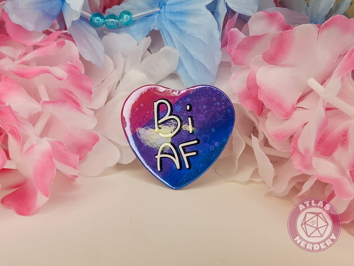 Bi AF - Bisexual Pride 2.25” x 2” Holographic Heart Shaped Pinback Button