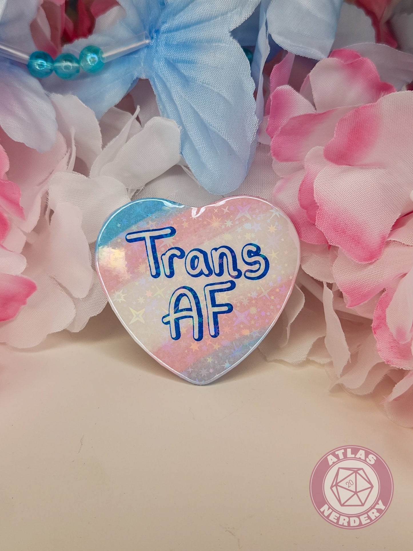 Trans AF - Transgender Pride 2.25” x 2” Holographic Heart Shaped Pinback Button