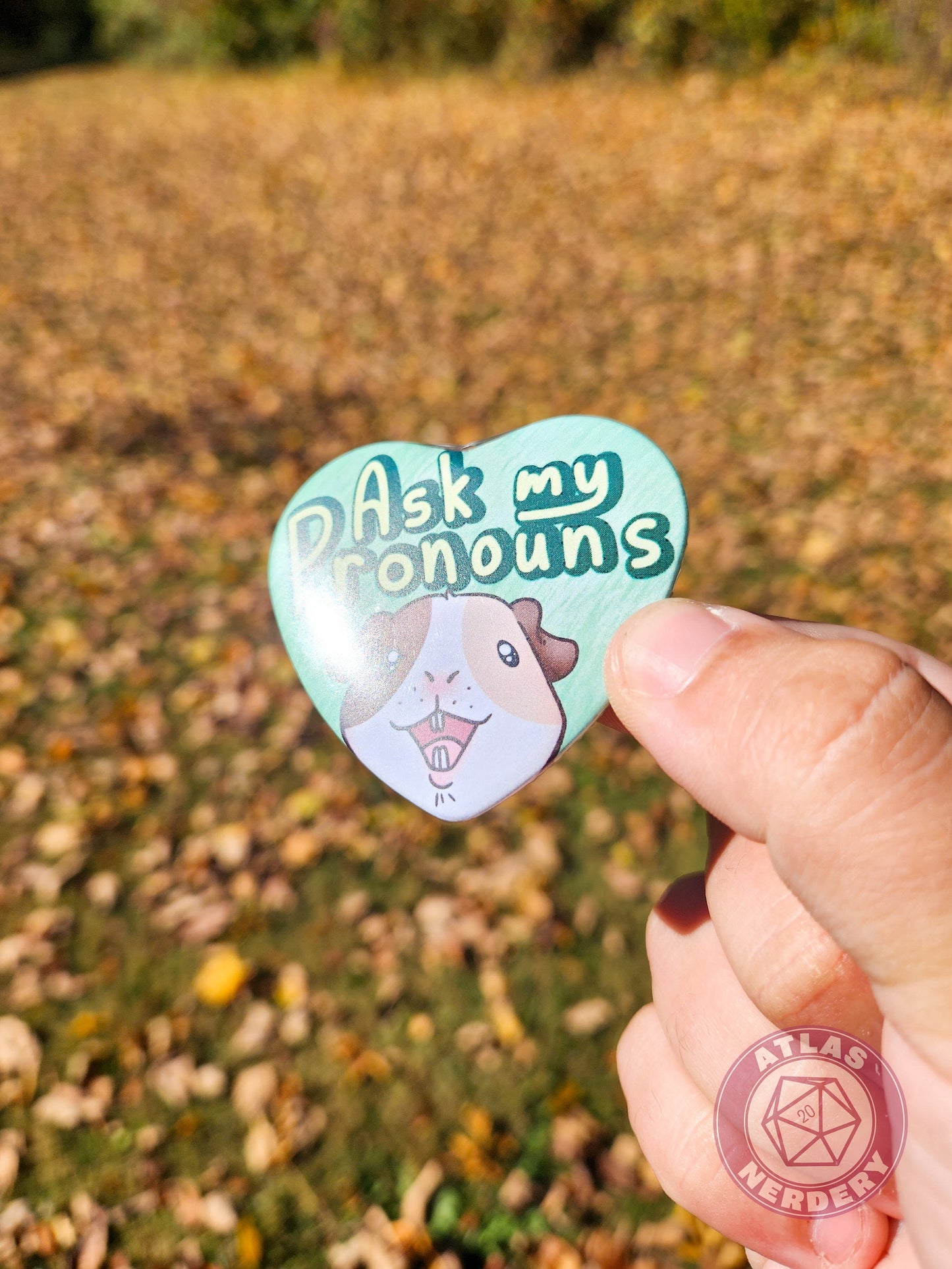 Ask My Pronouns - Alucard the Guinea Pig Pronoun Button - 2.25” x 2” Holographic Heart Shaped Pinback Button