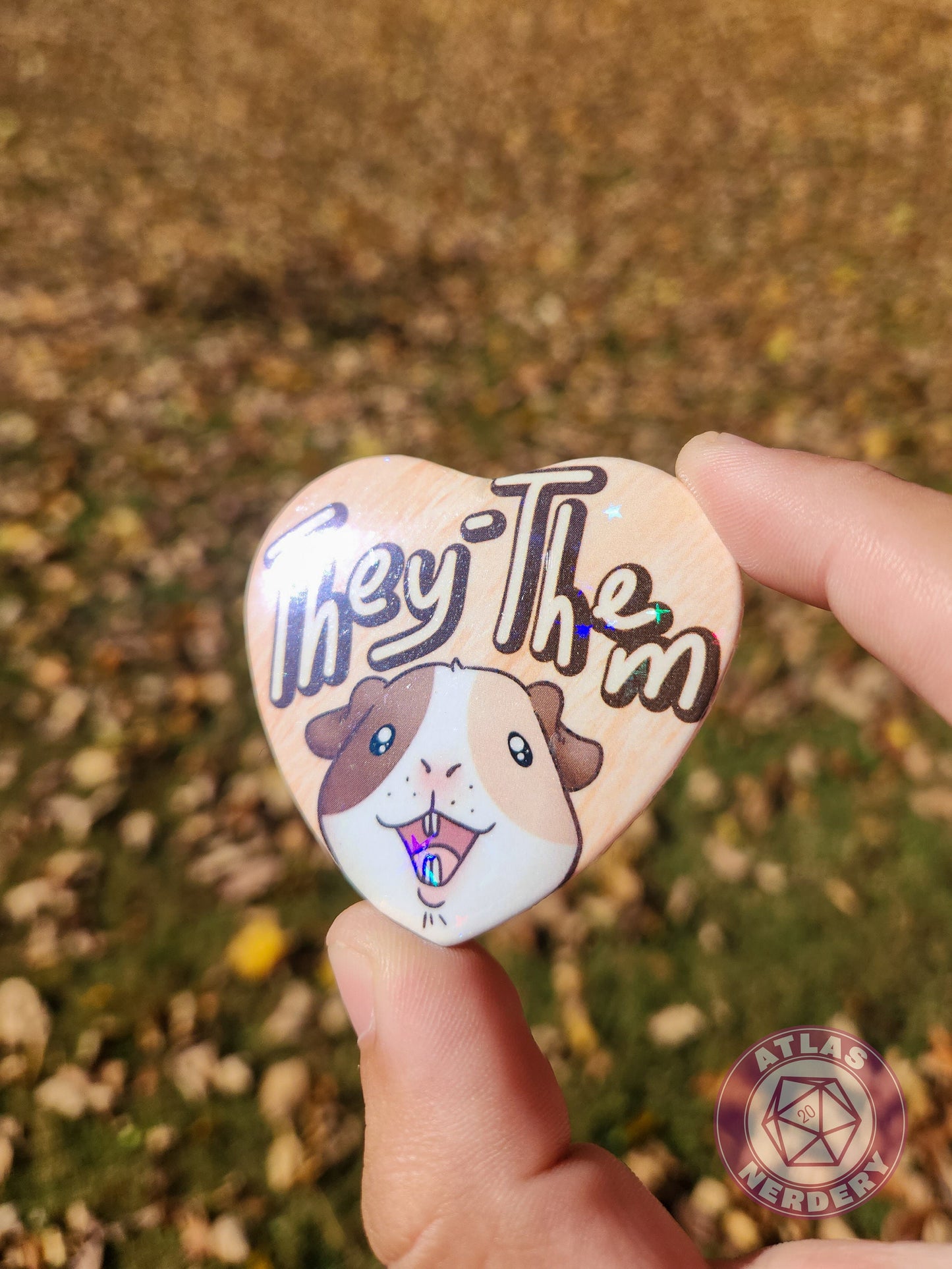 They Them Pronouns - Alucard the Guinea Pig Pronoun Button - 2.25” x 2” Holographic Heart Shaped Pinback Button