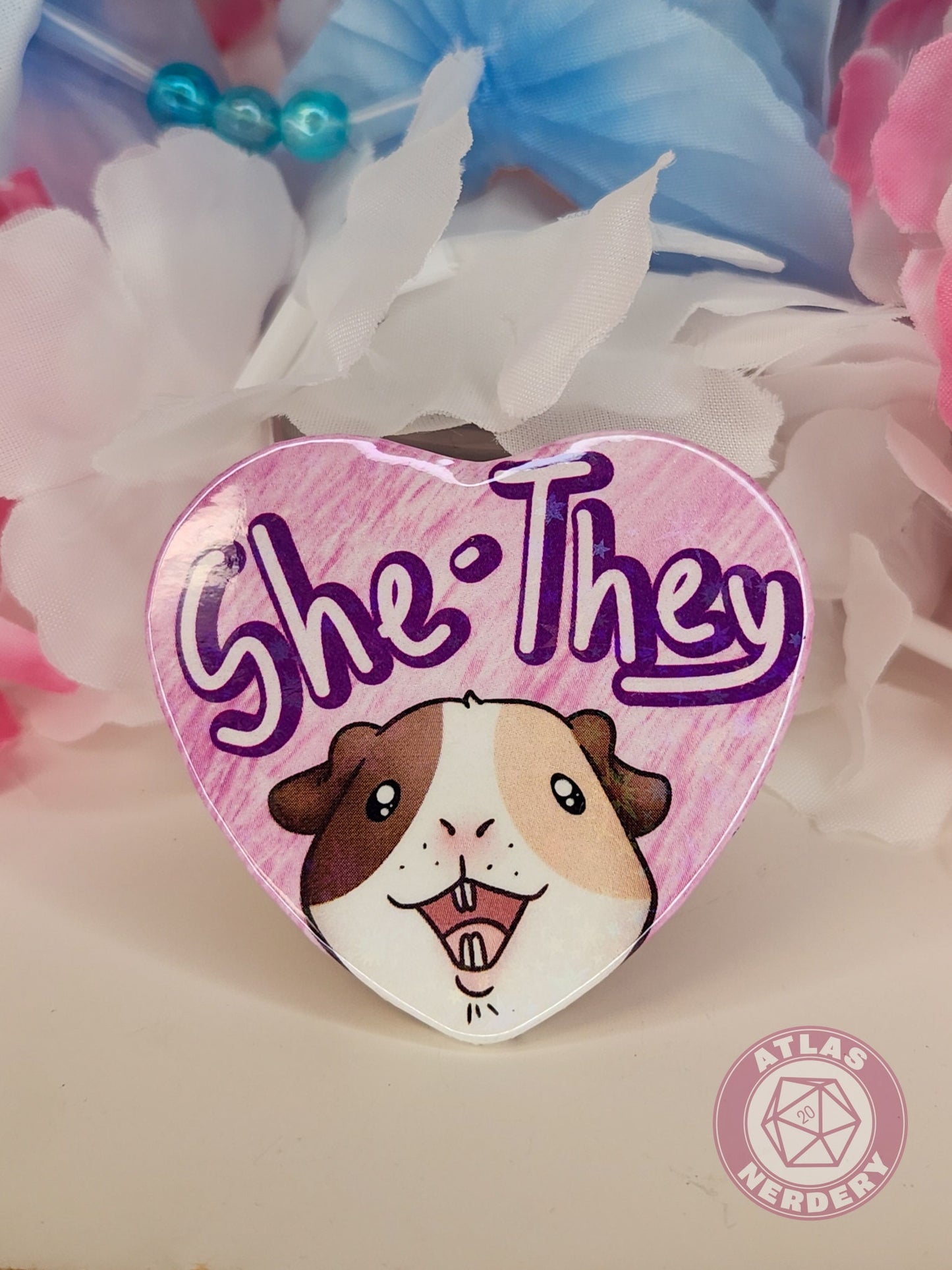She They Pronouns - Alucard the Guinea Pig Pronoun Button - 2.25” x 2” Holographic Heart Shaped Pinback Button