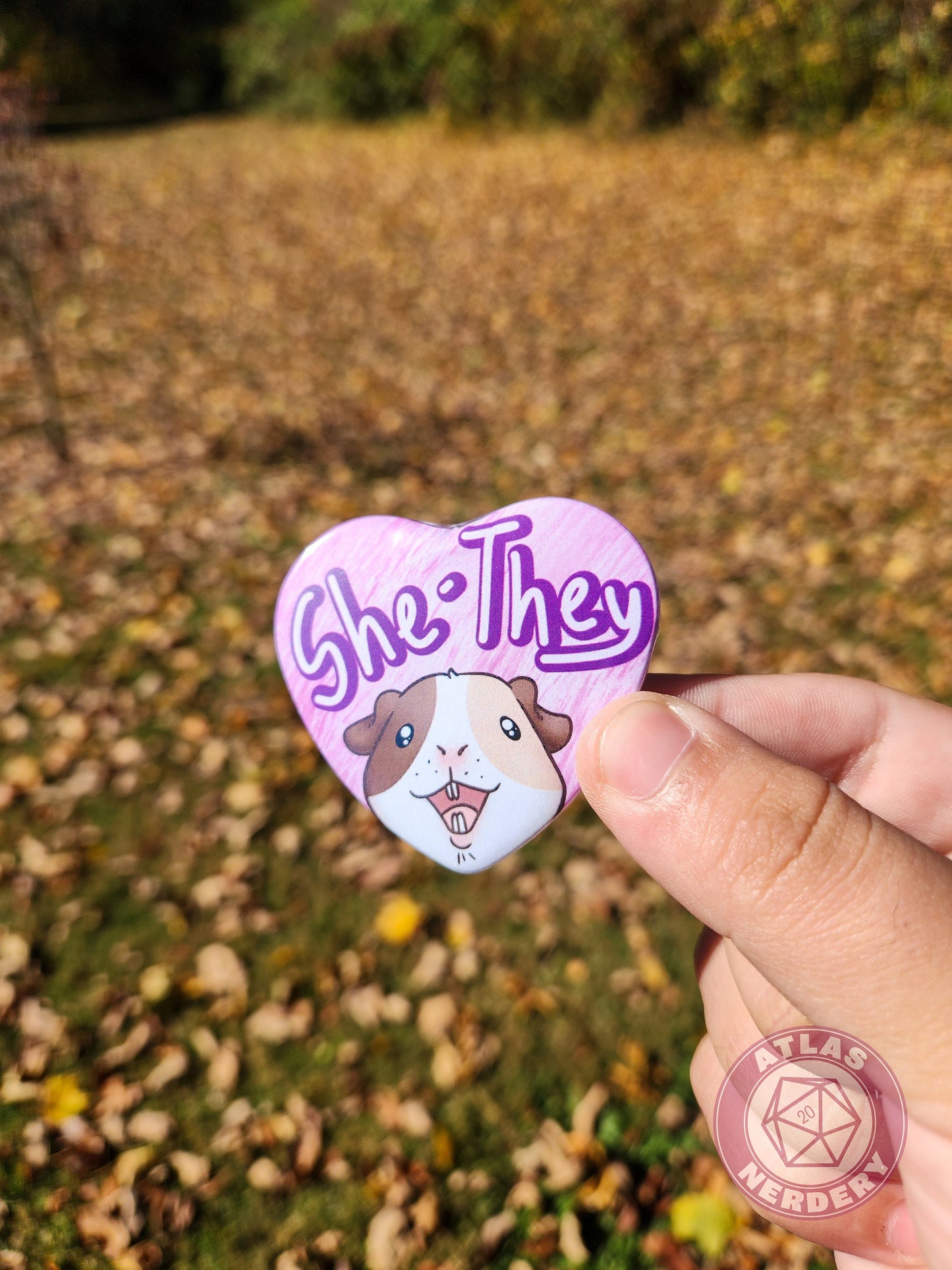 She They Pronouns - Alucard the Guinea Pig Pronoun Button - 2.25” x 2” Holographic Heart Shaped Pinback Button