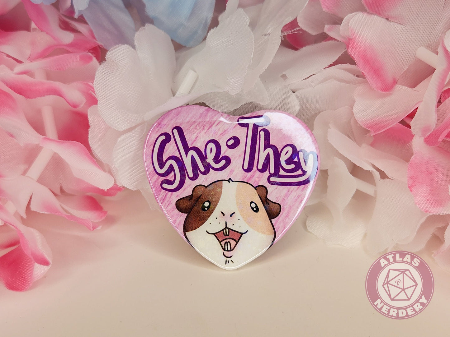 She They Pronouns - Alucard the Guinea Pig Pronoun Button - 2.25” x 2” Holographic Heart Shaped Pinback Button
