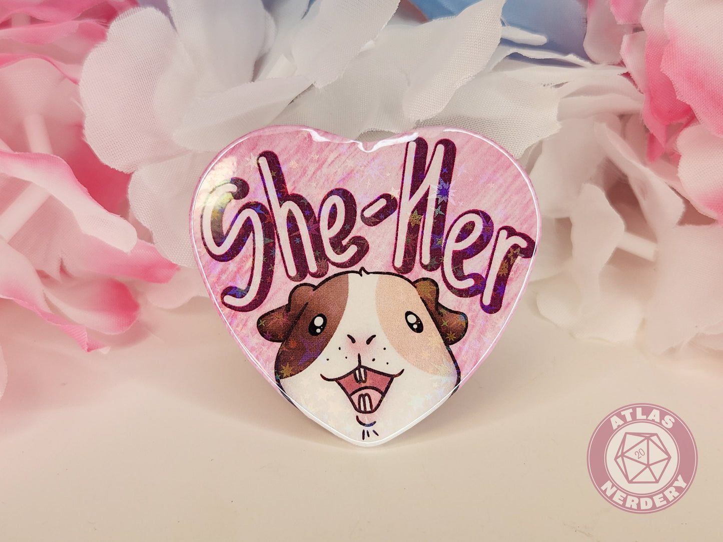 She Her Pronouns - Alucard the Guinea Pig Pronoun Button - 2.25” x 2” Holographic Heart Shaped Pinback Button