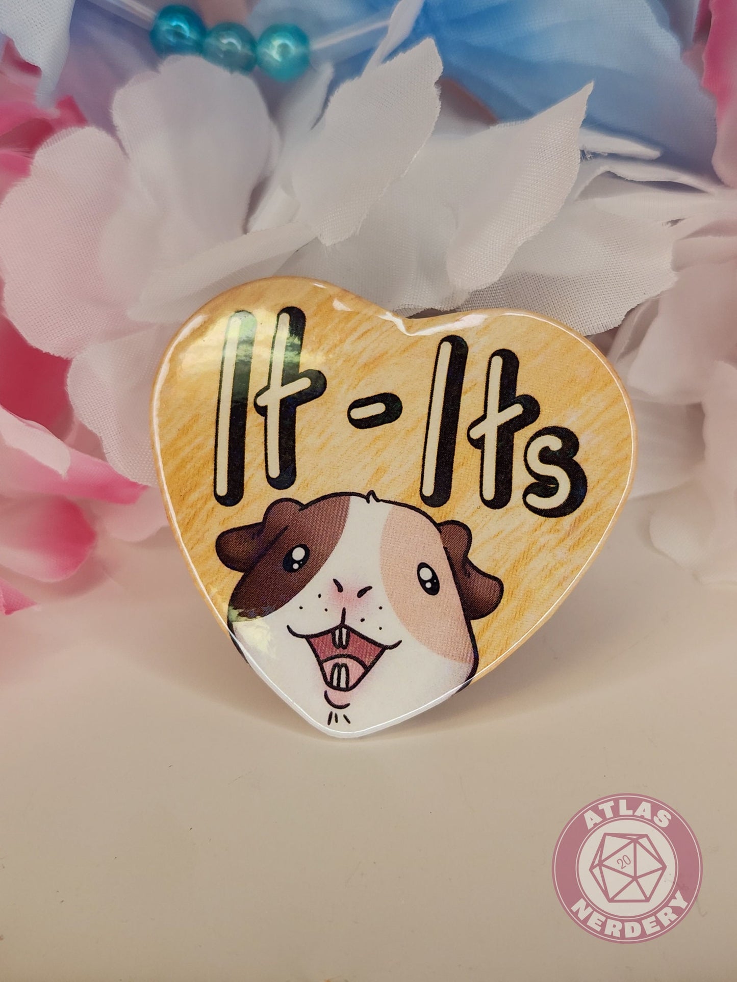 It Its Pronouns - Alucard the Guinea Pig Pronoun Button - 2.25” x 2” Holographic Heart Shaped Pinback Button