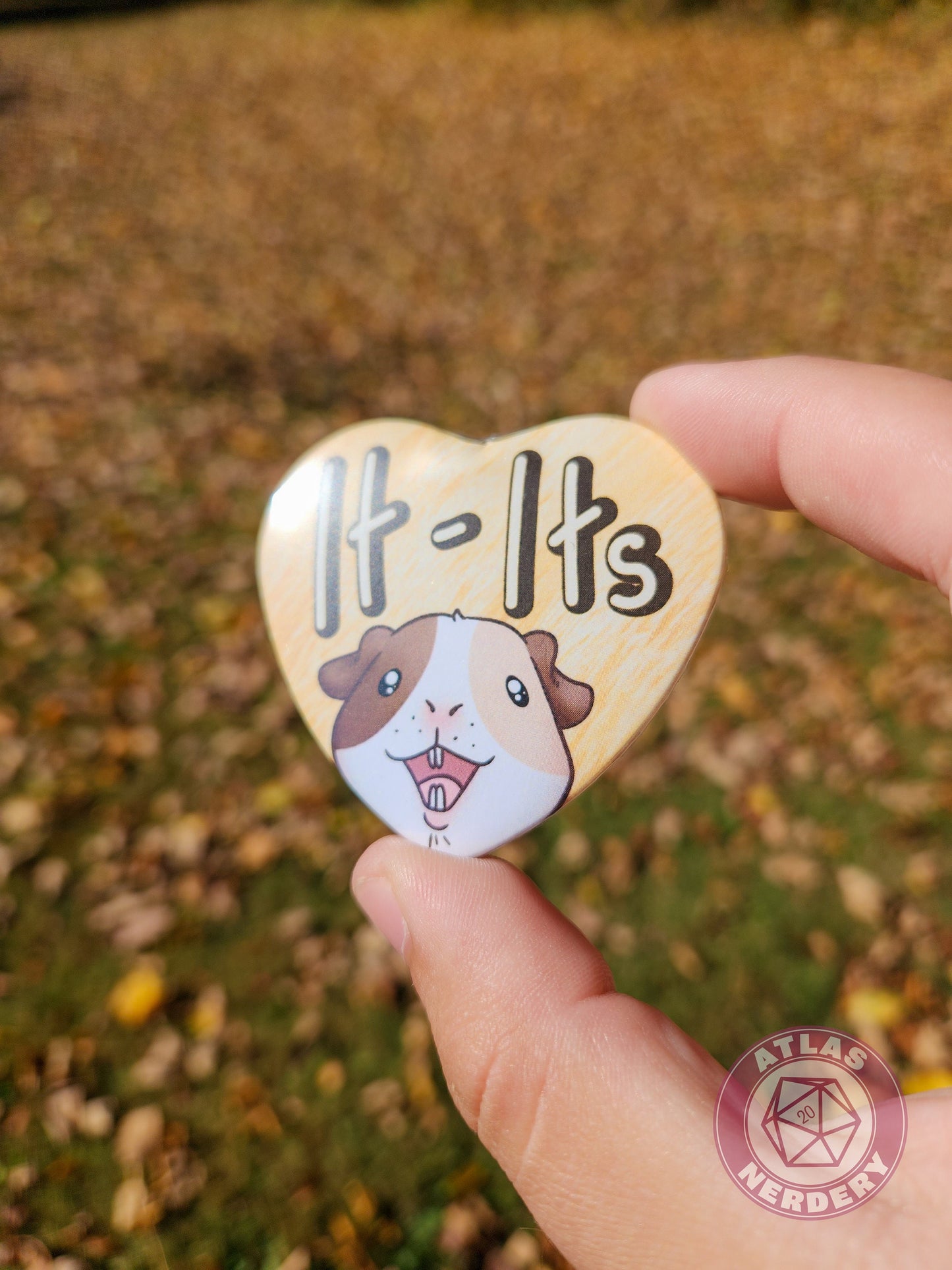 It Its Pronouns - Alucard the Guinea Pig Pronoun Button - 2.25” x 2” Holographic Heart Shaped Pinback Button