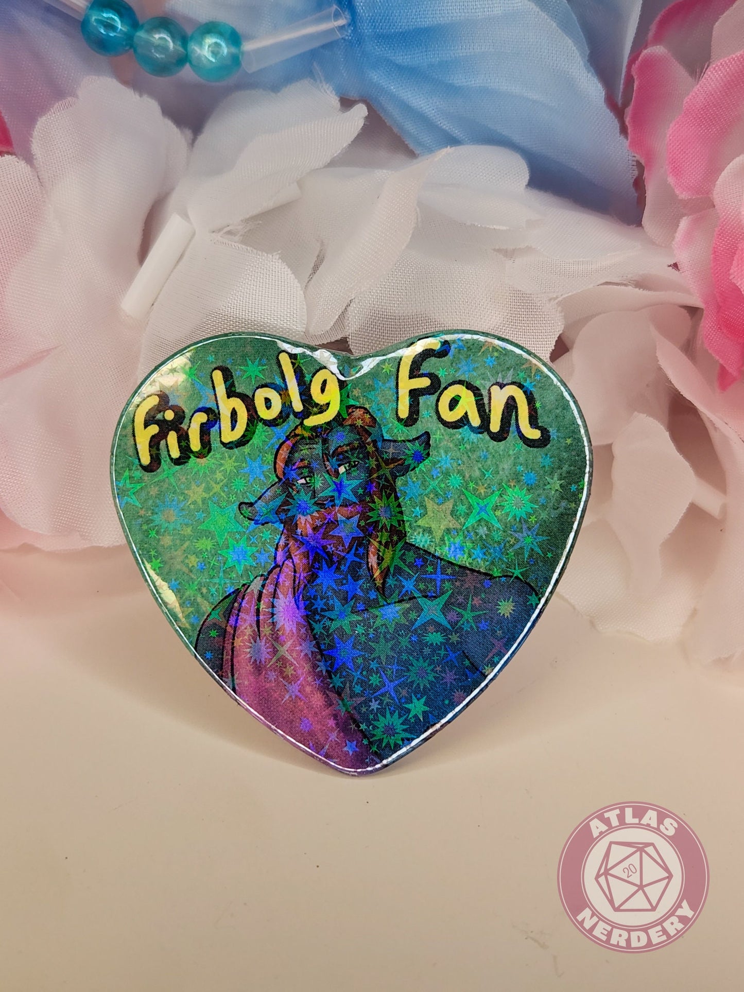 Firbolg Fan - 2.25” x 2” Holographic Heart Shaped Pinback Button