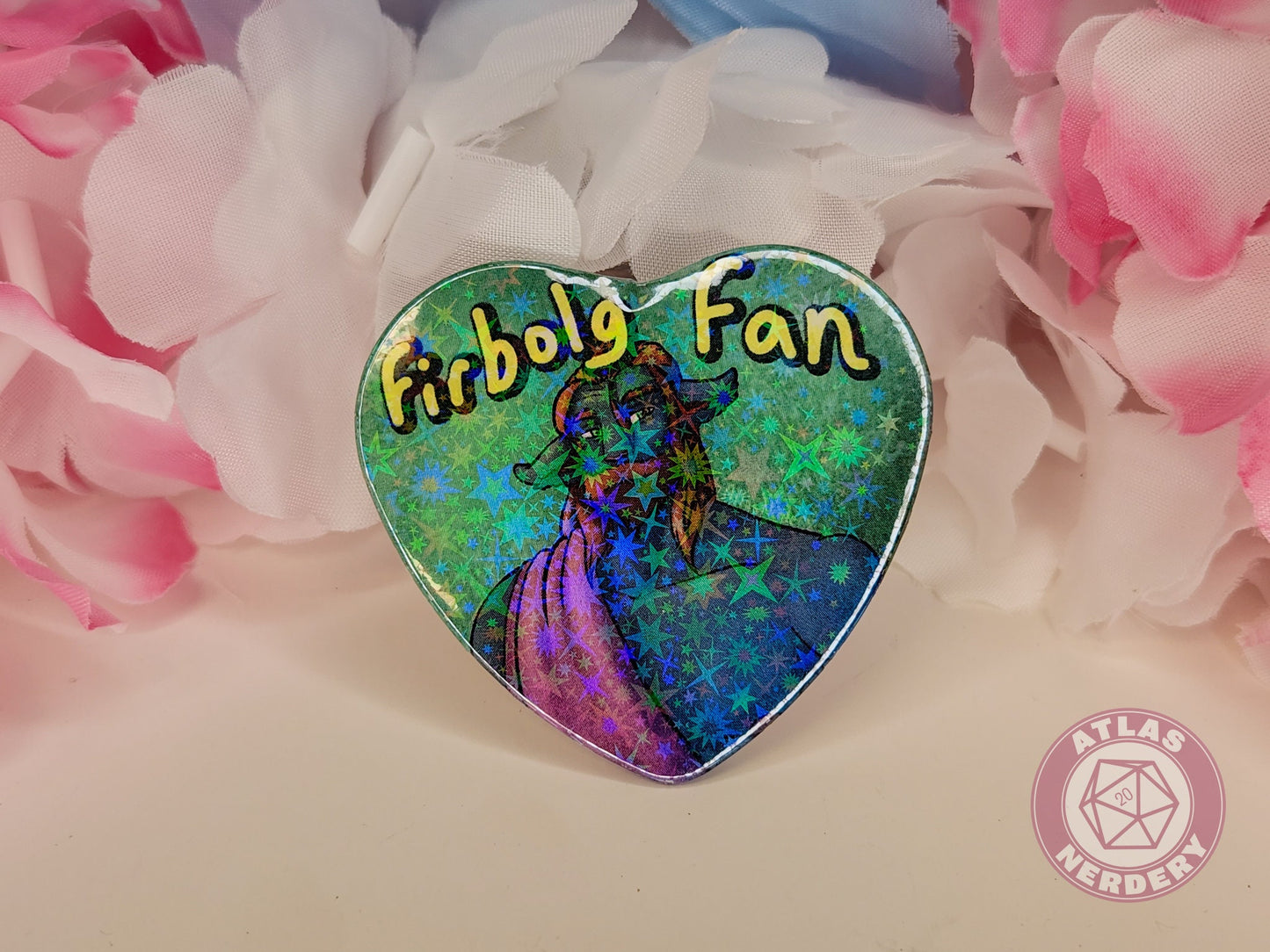 Firbolg Fan - 2.25” x 2” Holographic Heart Shaped Pinback Button