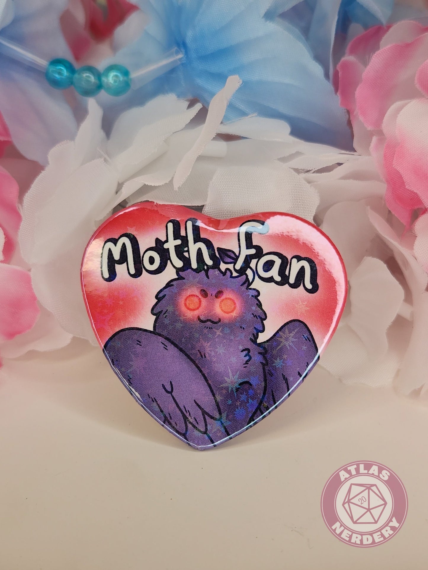 Moth Fan - 2.25” x 2” Holographic Heart Shaped Pinback Button