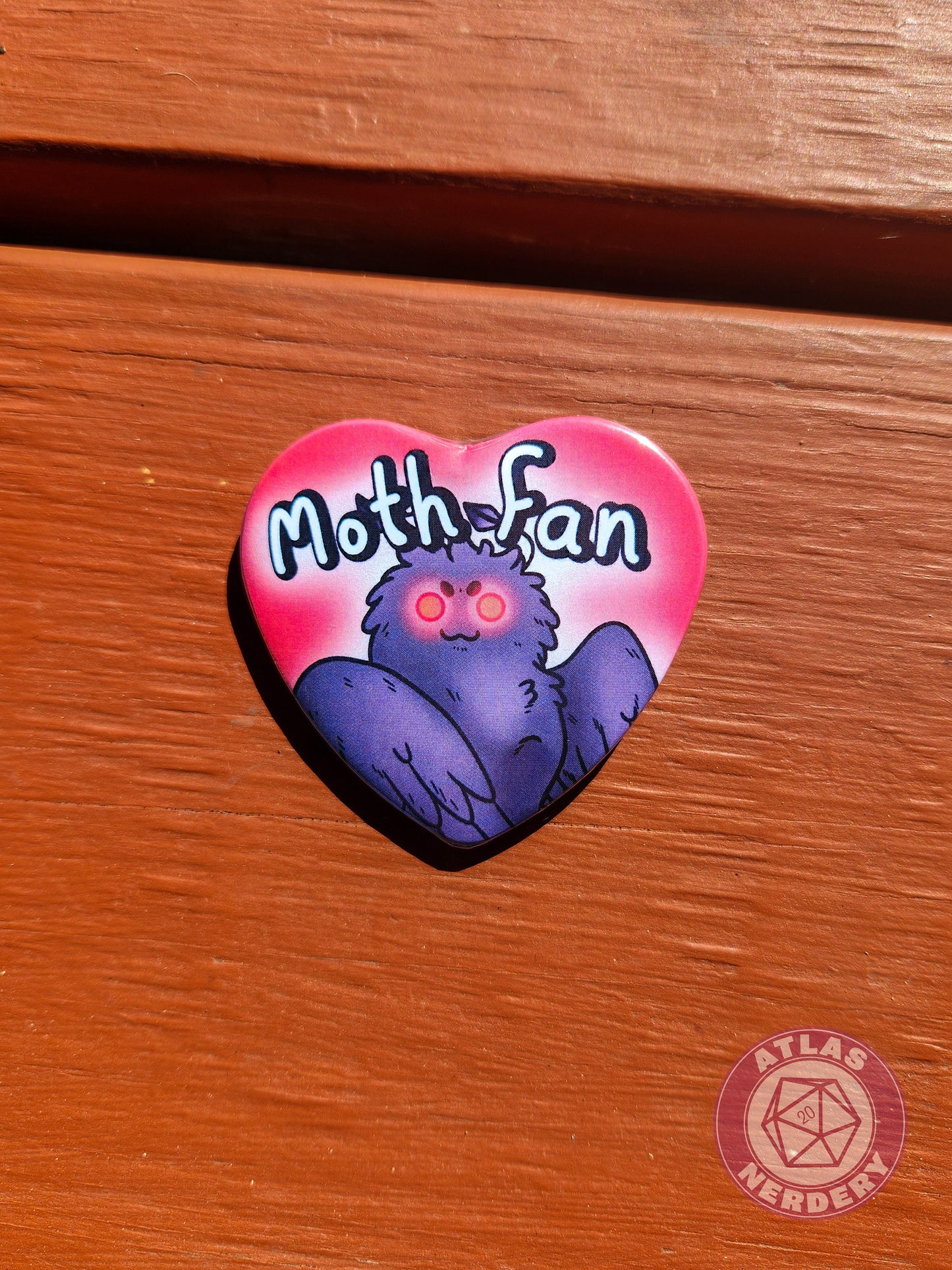 Moth Fan - 2.25” x 2” Holographic Heart Shaped Pinback Button