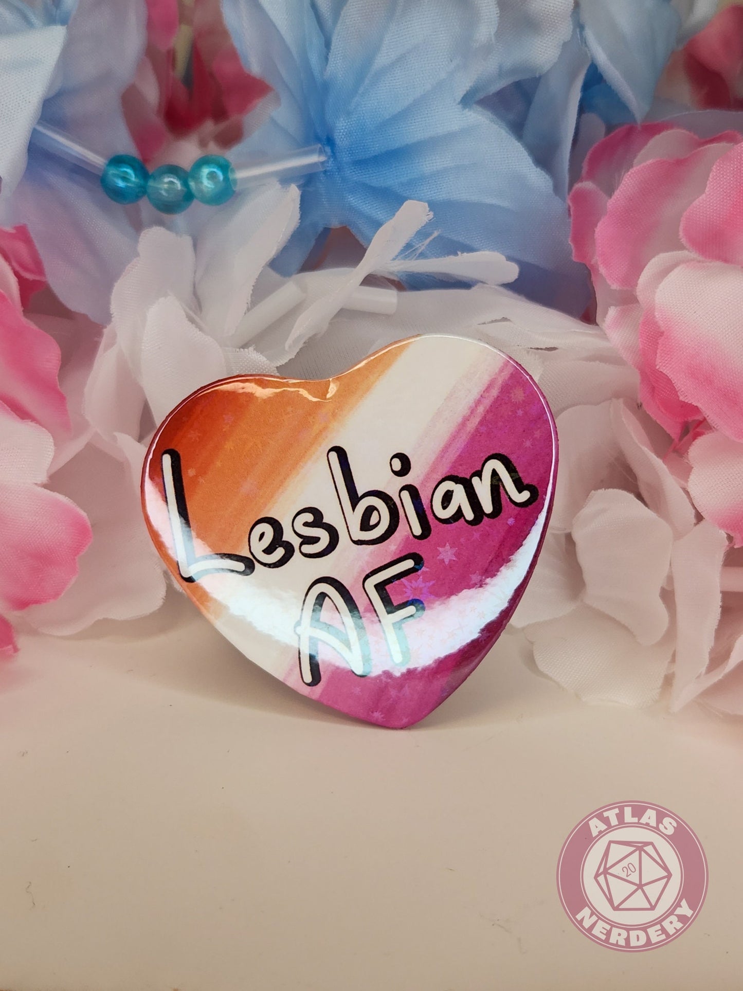 Lesbian AF - Lesbian Pride 2.25” x 2” Holographic Heart Shaped Pinback Button