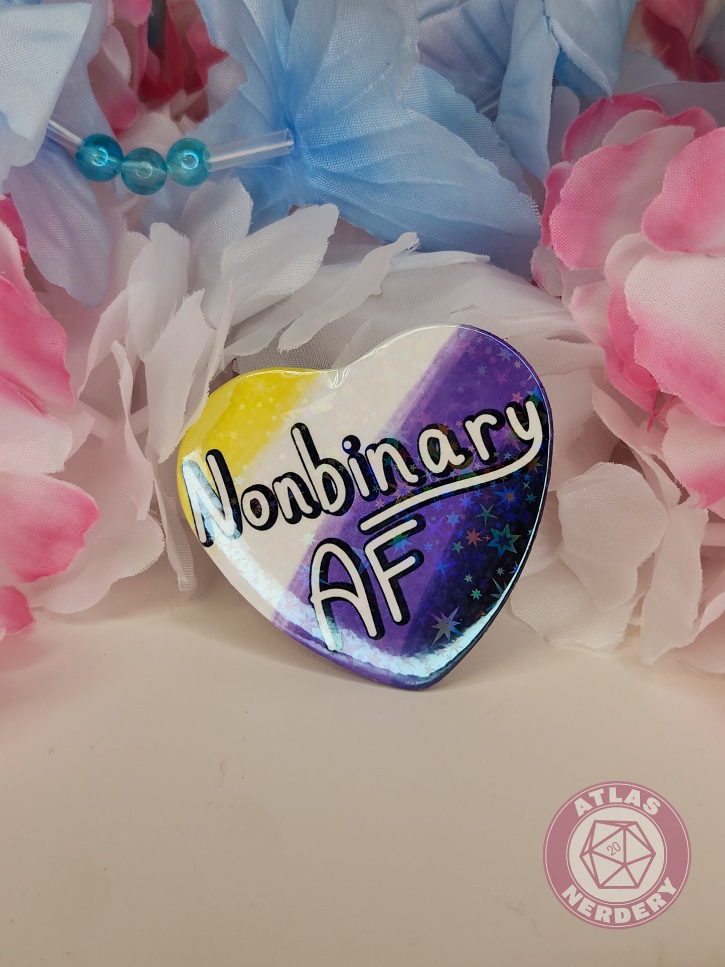 Nonbinary AF - Enby Pride 2.25” x 2” Holographic Heart Shaped Pinback Button
