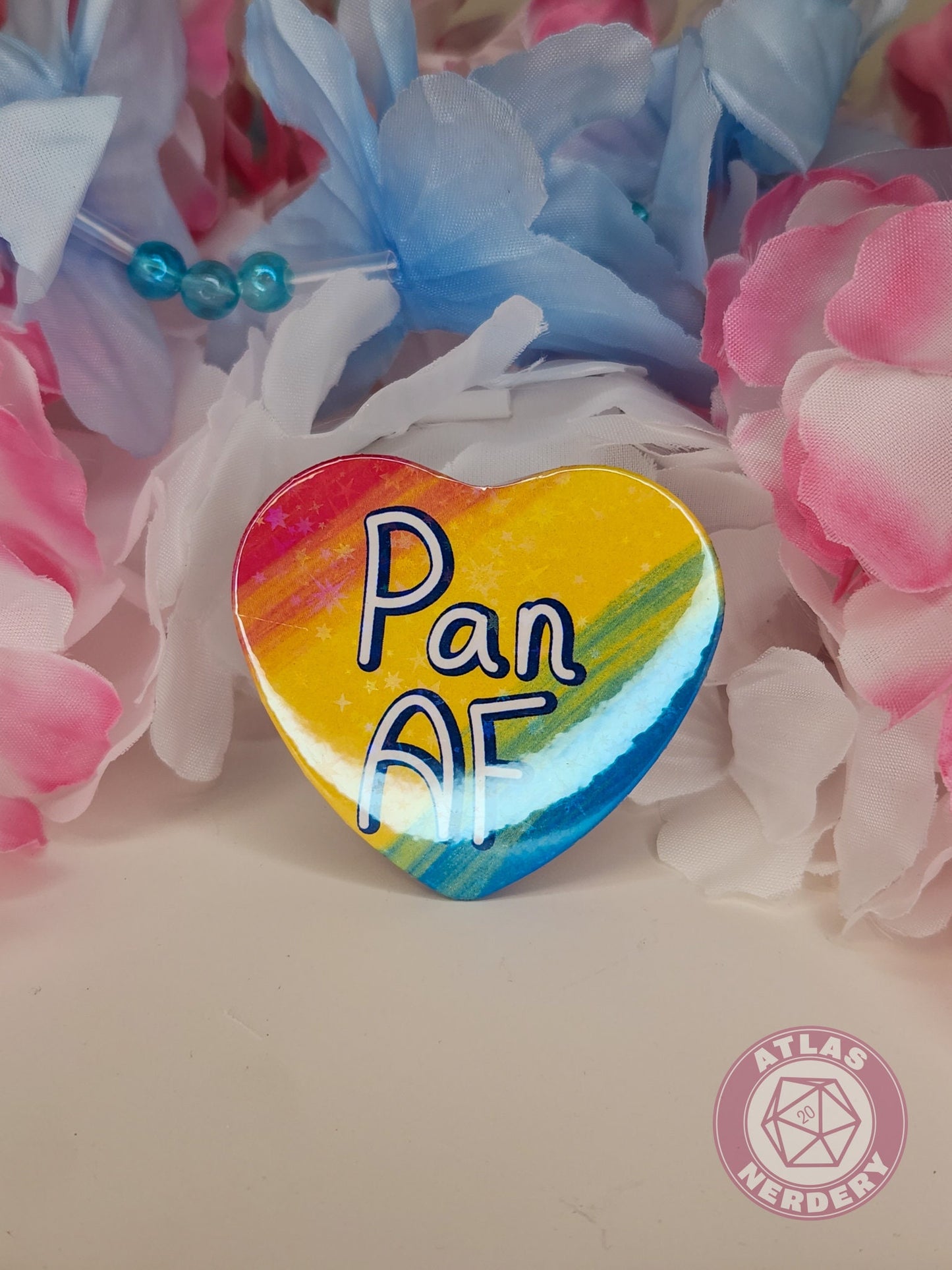 Pan AF - Pansexual Pride 2.25” x 2” Holographic Heart Shaped Pinback Button