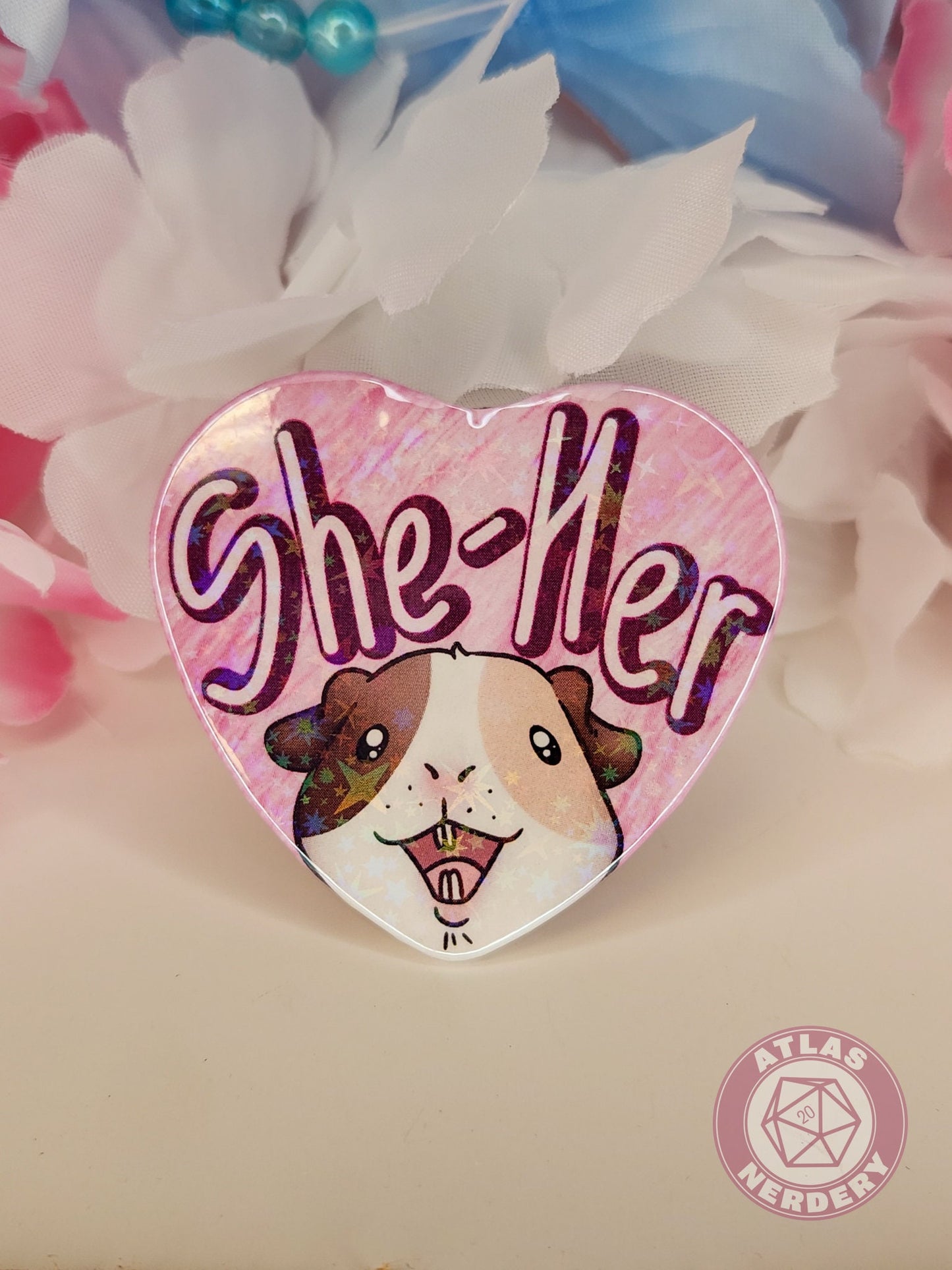 She Her Pronouns - Alucard the Guinea Pig Pronoun Button - 2.25” x 2” Holographic Heart Shaped Pinback Button
