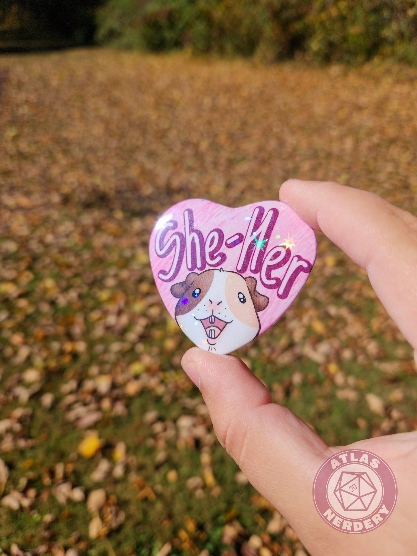 She Her Pronouns - Alucard the Guinea Pig Pronoun Button - 2.25” x 2” Holographic Heart Shaped Pinback Button