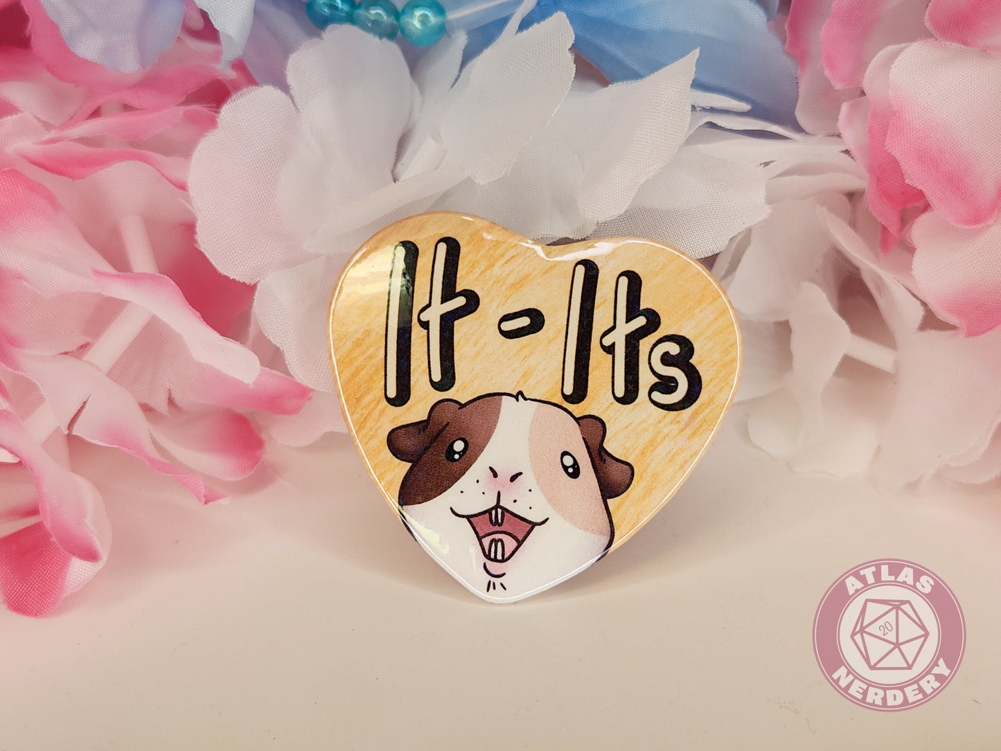 It Its Pronouns - Alucard the Guinea Pig Pronoun Button - 2.25” x 2” Holographic Heart Shaped Pinback Button