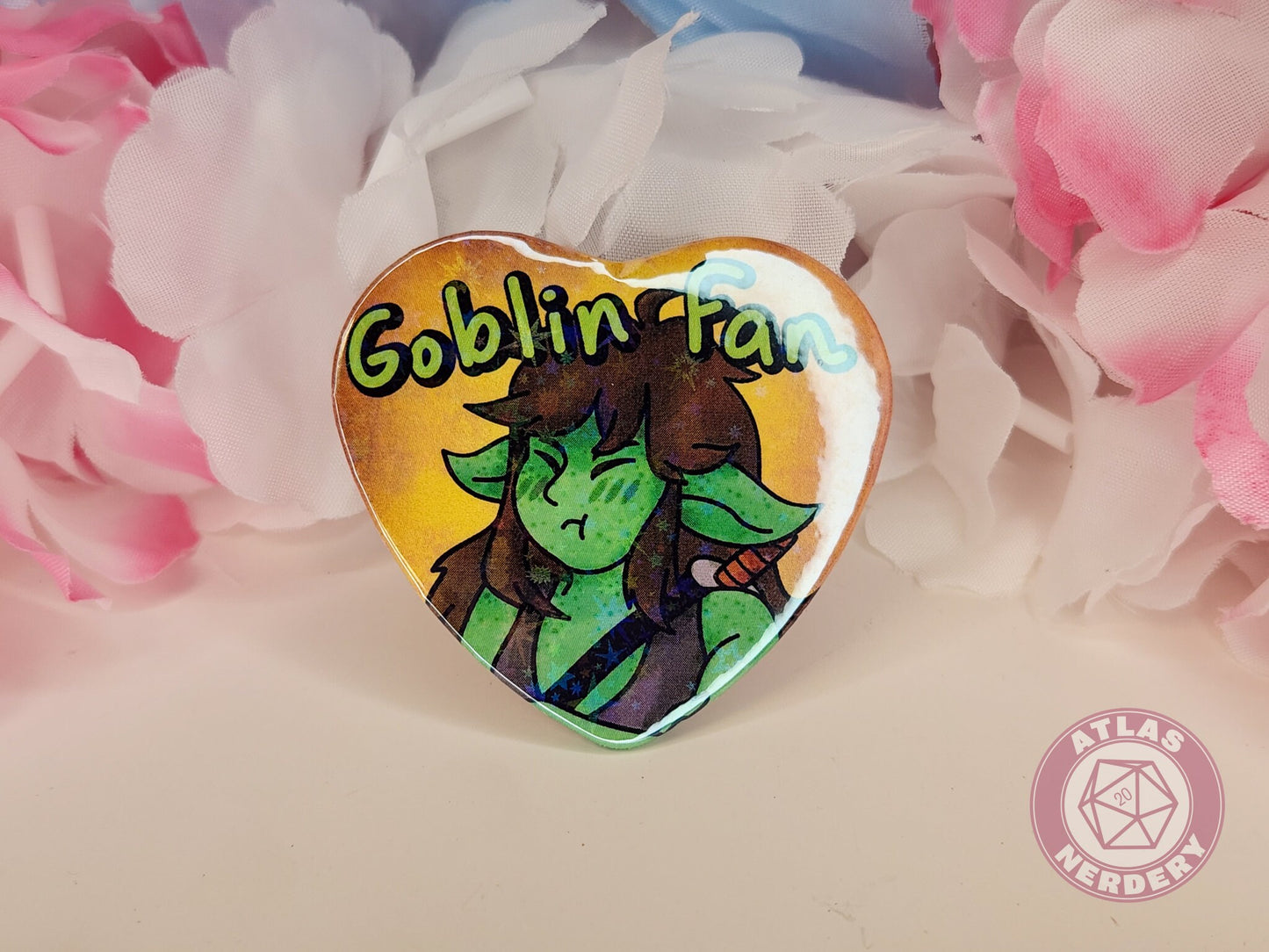 Goblin Fan - 2.25” x 2” Holographic Heart Shaped Pinback Button
