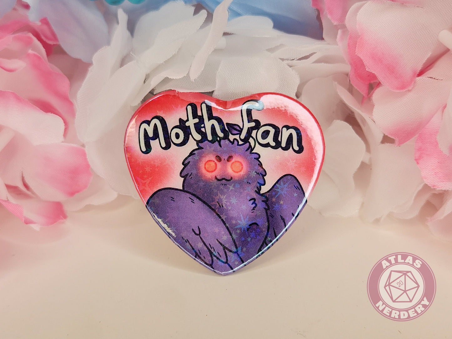 Moth Fan - 2.25” x 2” Holographic Heart Shaped Pinback Button