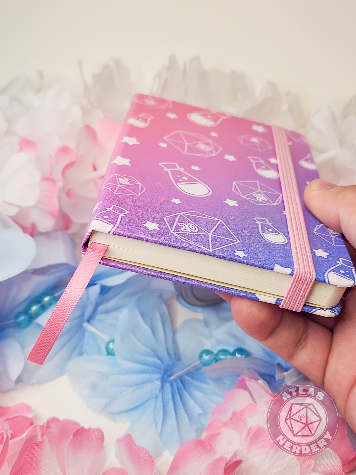 Dice and Potions Travel Sketchbook - A6 Size with 160 Pages, Green Ribbon Bookmark and Strap Closure
