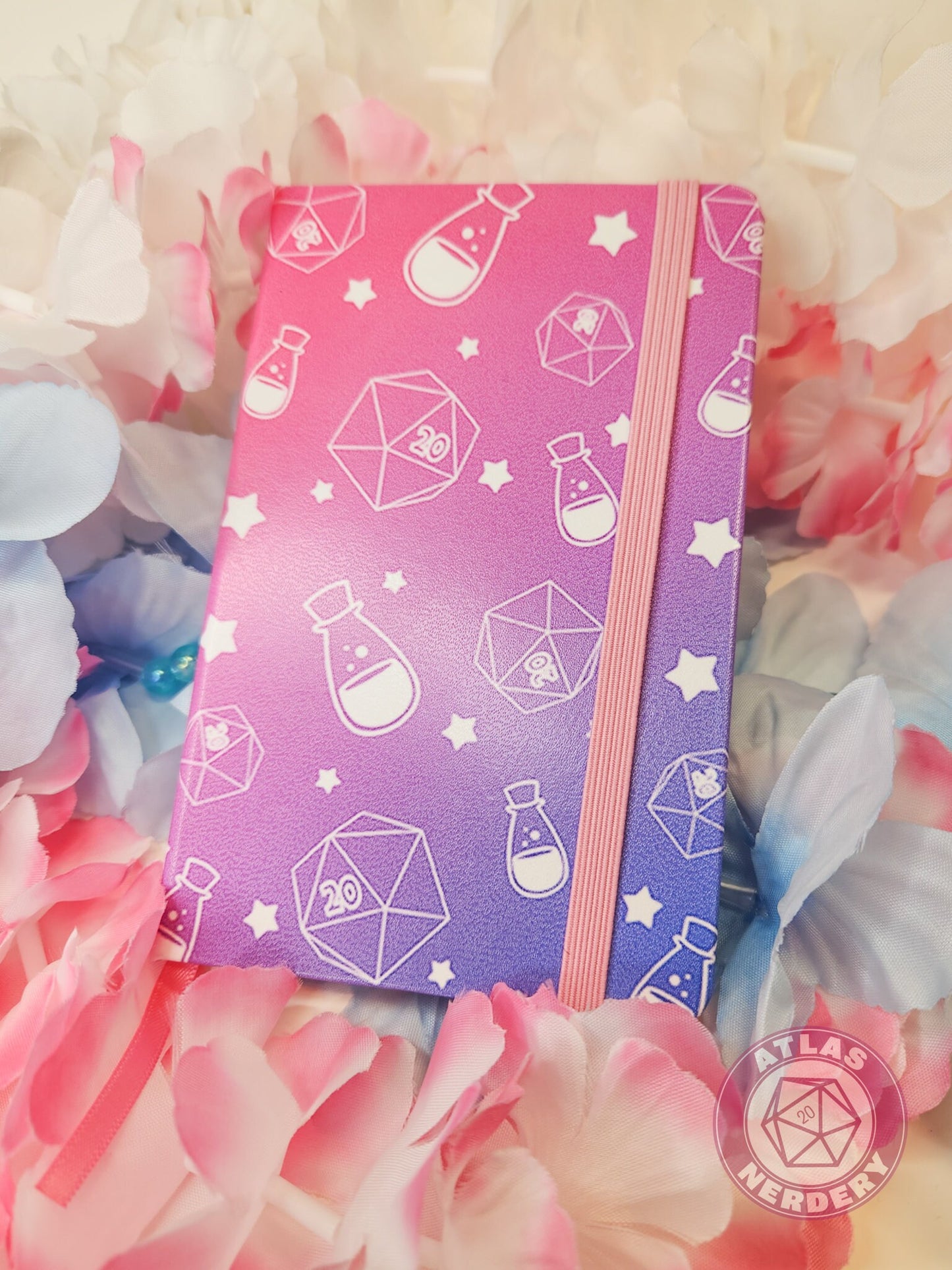 Dice and Potions Travel Sketchbook - A6 Size with 160 Pages, Green Ribbon Bookmark and Strap Closure