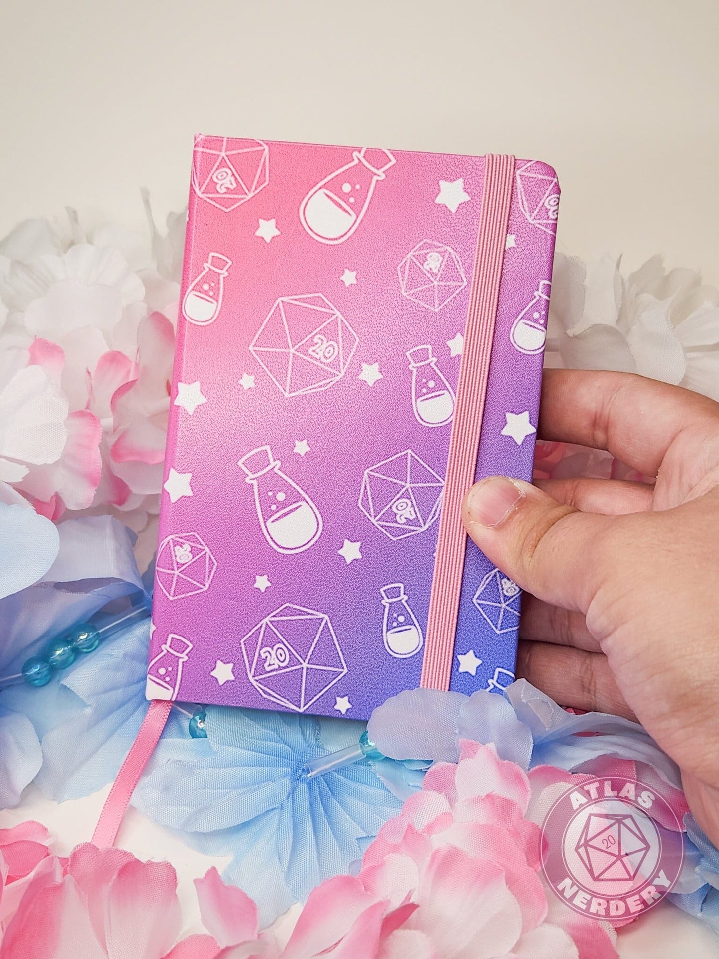 Dice and Potions Travel Sketchbook - A6 Size with 160 Pages, Green Ribbon Bookmark and Strap Closure