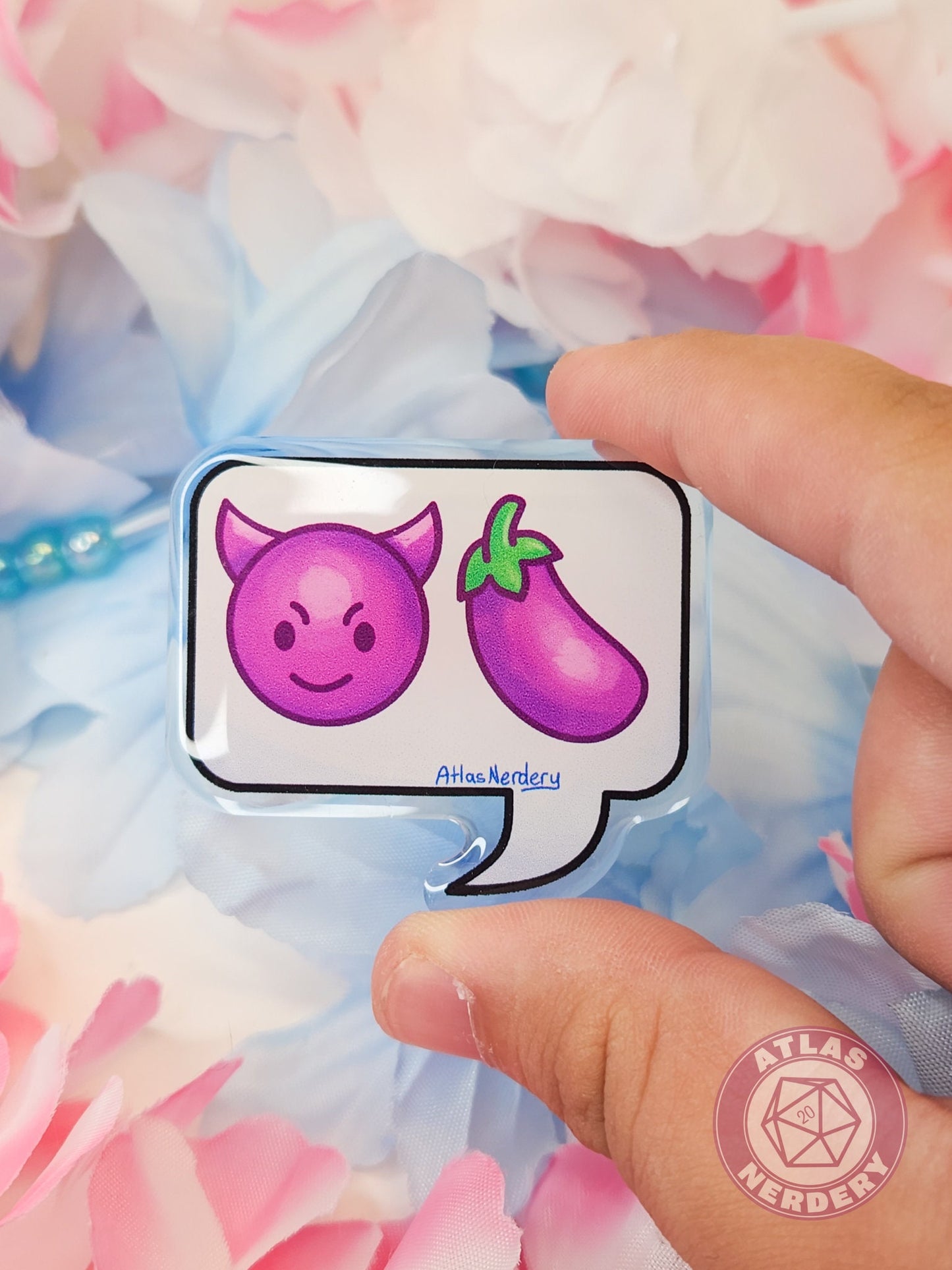 Smiling Devil Eggplant Emojis - 2" Acrylic Pin with Epoxy Dome Coating
