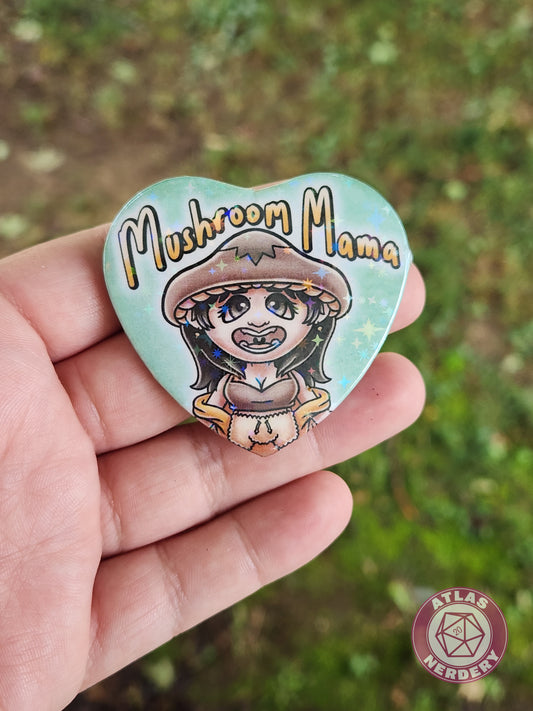 Mushroom Mama - 2.25” x 2” Holo Heart Pinback Button