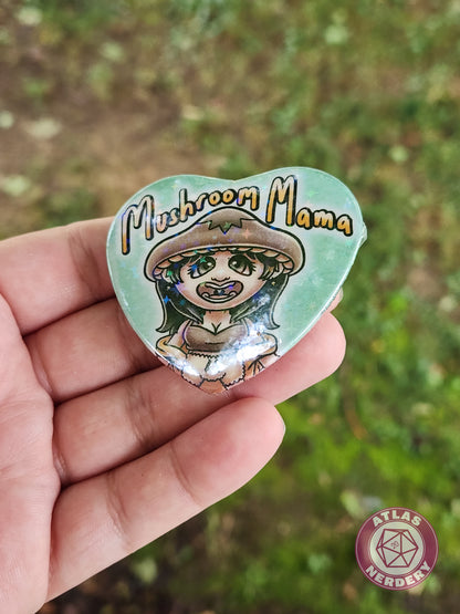 Mushroom Mama - 2.25” x 2” Holo Heart Pinback Button