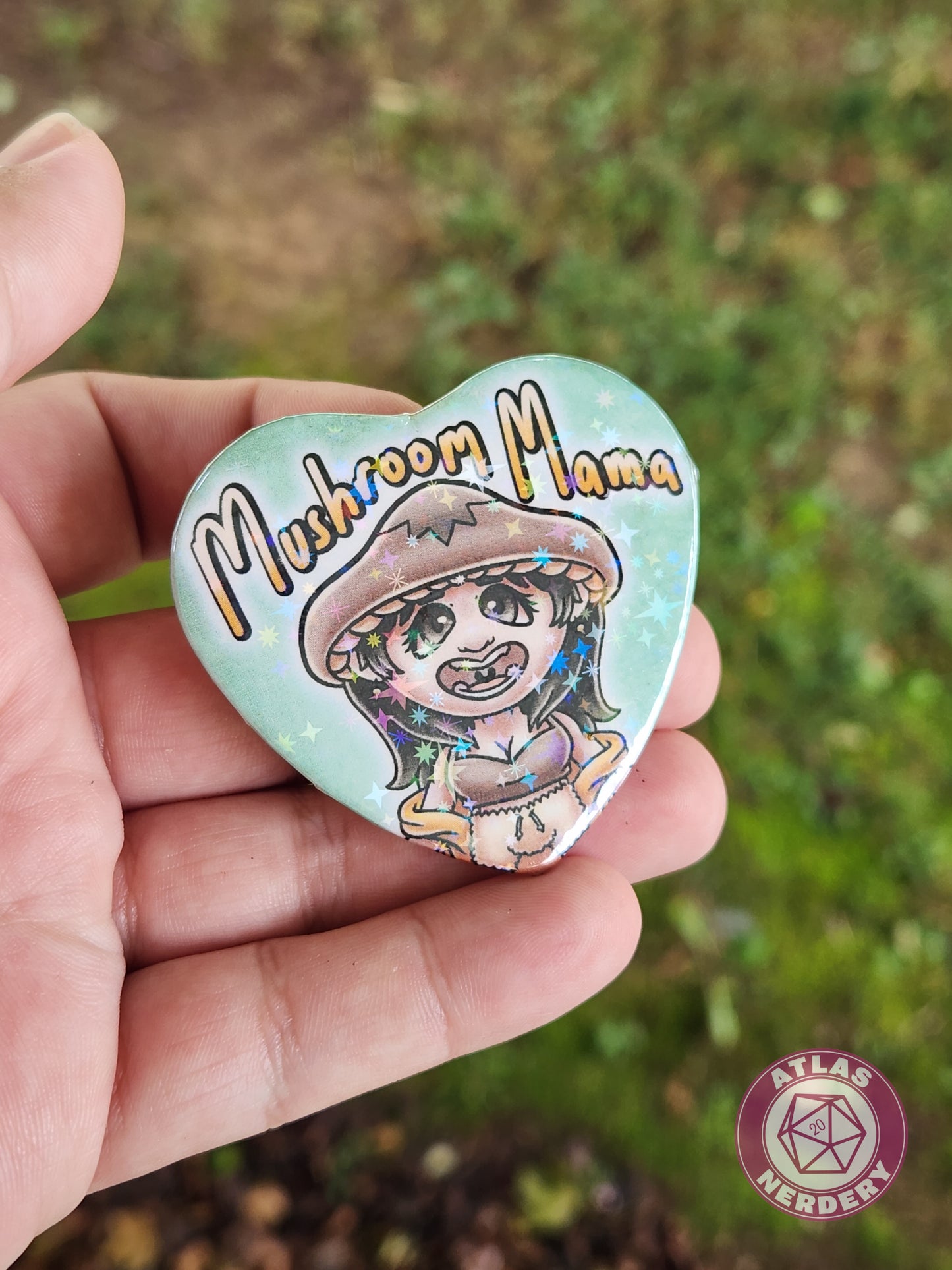 Mushroom Mama - 2.25” x 2” Holo Heart Pinback Button