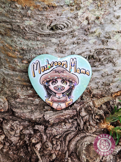 Mushroom Mama - 2.25” x 2” Holo Heart Pinback Button