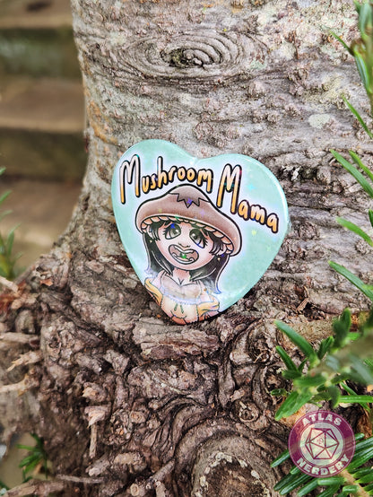 Mushroom Mama - 2.25” x 2” Holo Heart Pinback Button