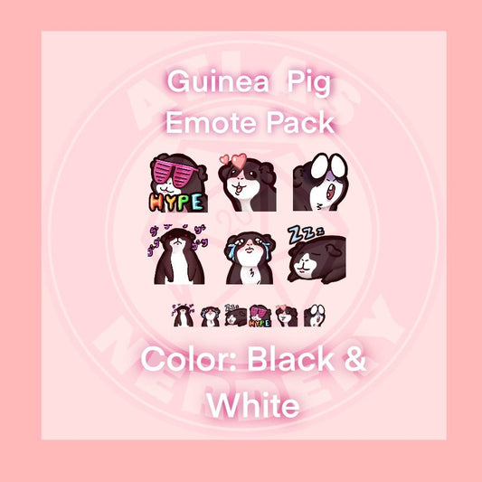 Black and White Guinea Pig Emote 6 Pack - 6 Reaction Emotes for Twitch, Discord, YouTube, Streaming Chat Etc