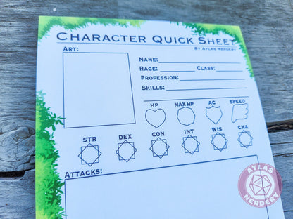 Character Quick Sheet Large Notepad - 8.5in x 5.5x Non-Sticky Tear-Away Memo Notepad 50 Pages - Game Master Organization Tool